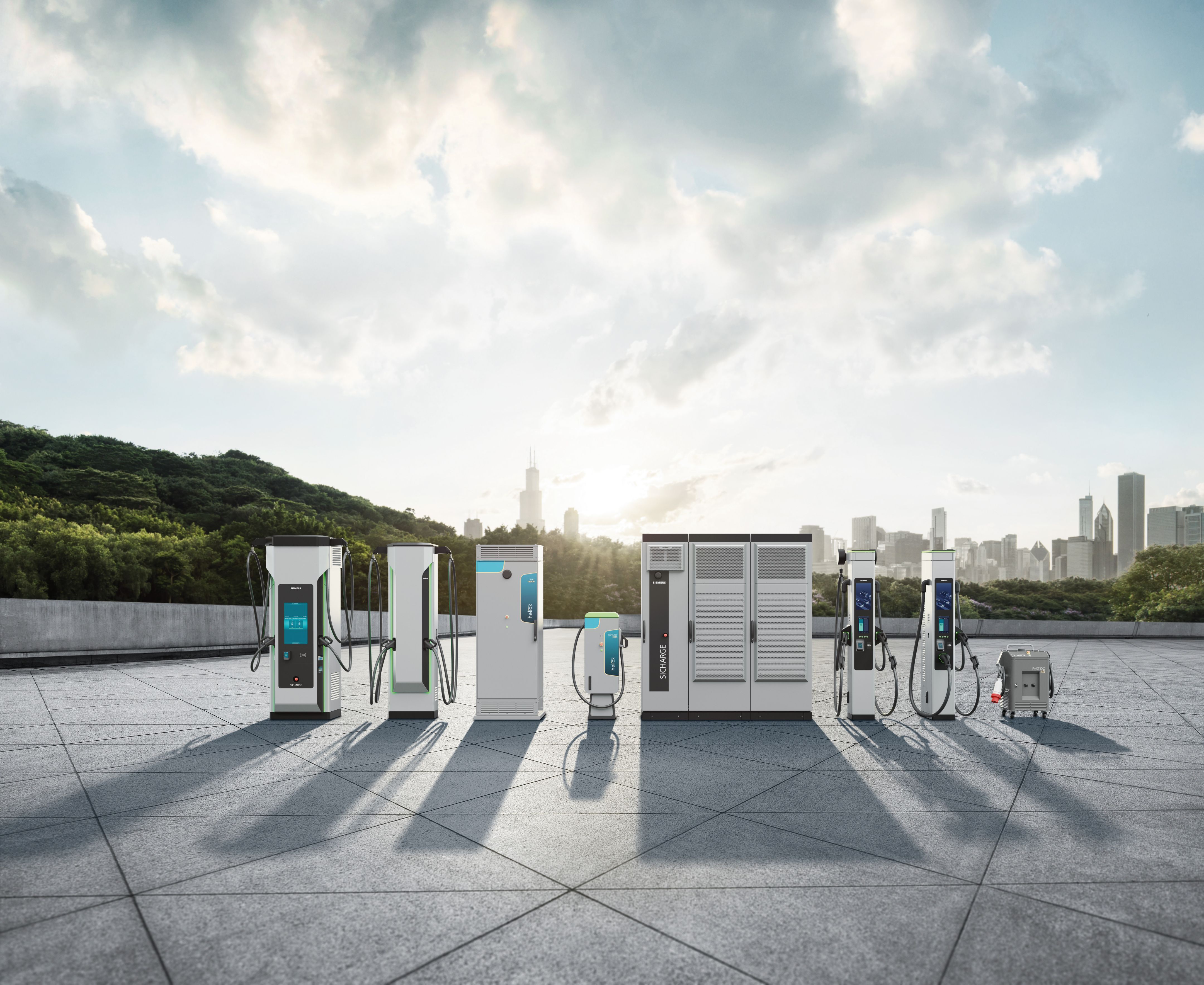Siemens EV töltőállomások és elektromos berendezések sora egy tetőn, a háttérben városi látképpel.