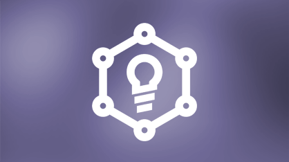 White lightbulb icon inside a hexagonal network node frame on a blurred purple background.