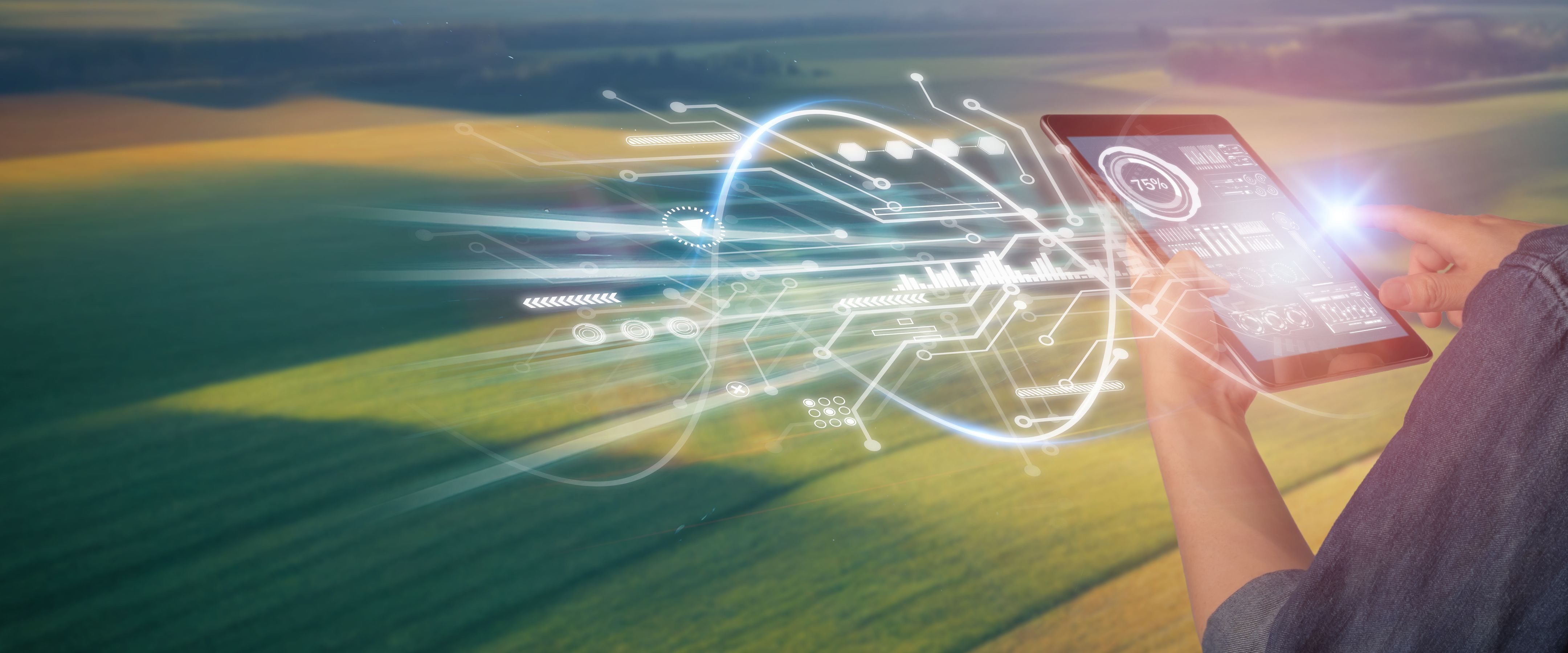 Person using a tablet with digital data and network graphics overlaid on an agricultural field.