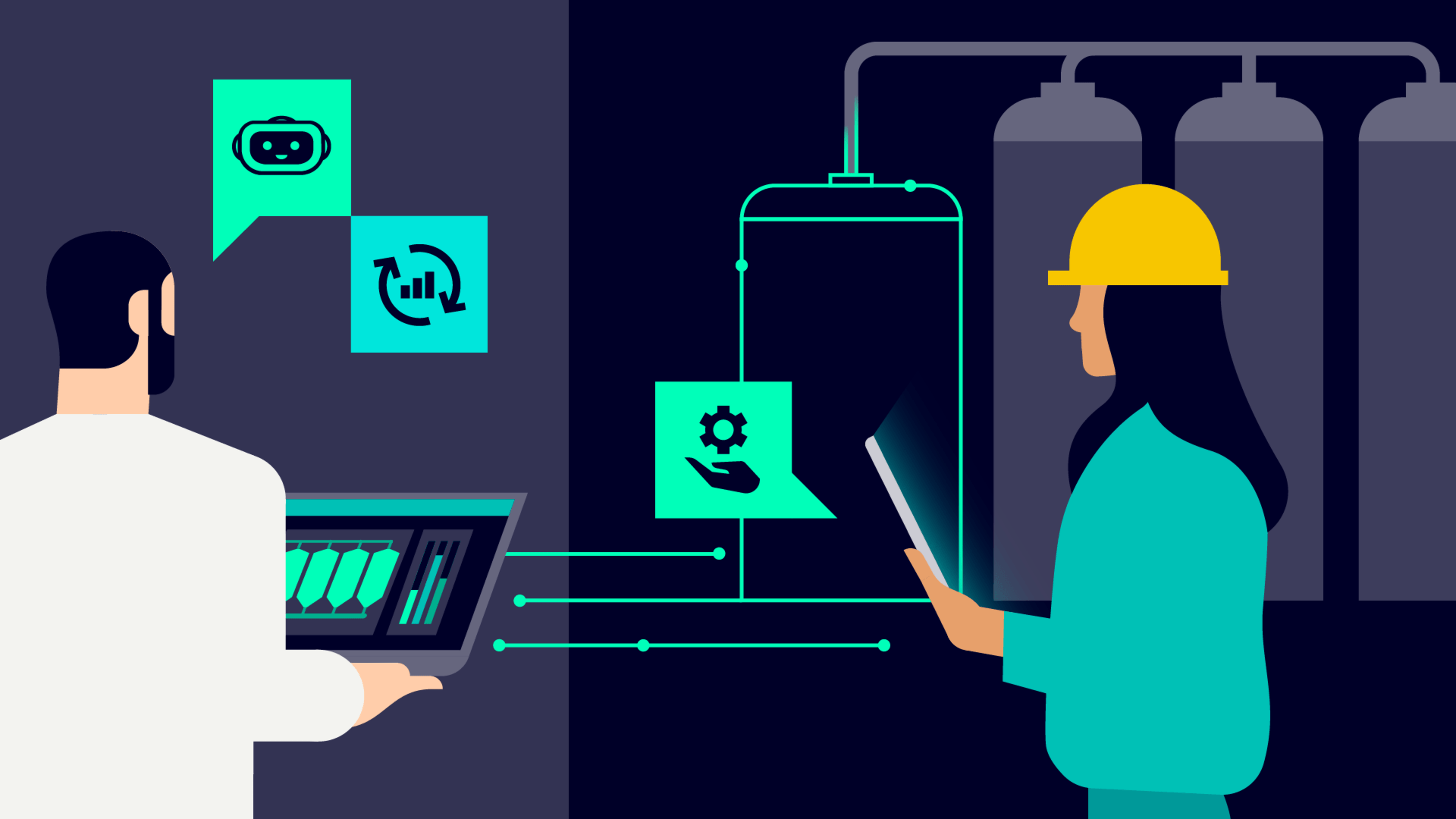 Illustration of an engineer and a worker monitoring digital industrial processes on screens with AI and settings icons.