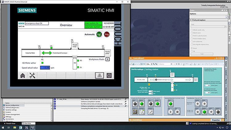 Siemens TIA Portal SIMATIC HMI szállítószalag szimulációval és SIMIT válogató állomás kezelőpanelével.