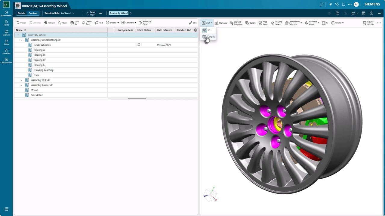 Teamcenter X displays a 3D wheel assembly and product structure for efficient design review and data management.