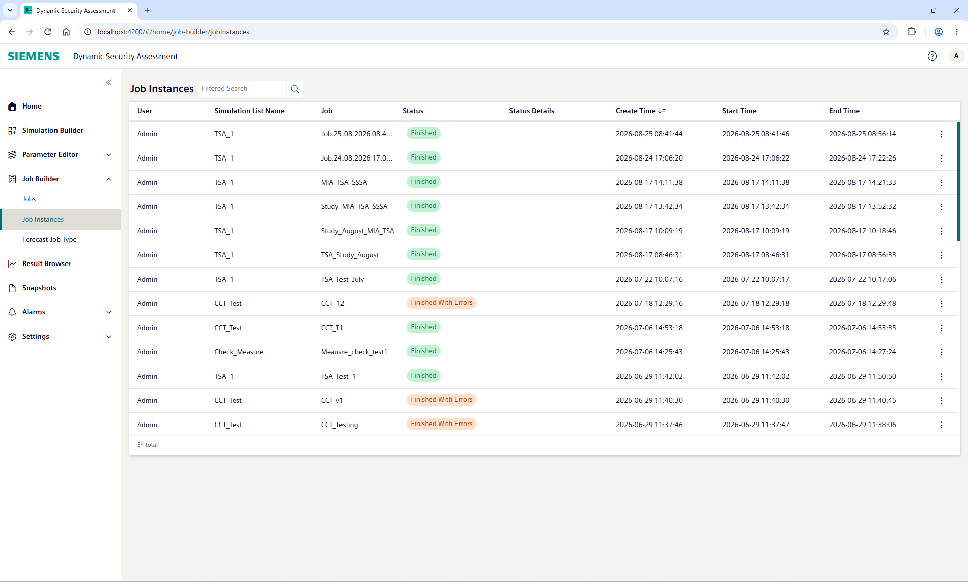 Gridscale X Dynamic Security Assessment Screenshot Job Instances View