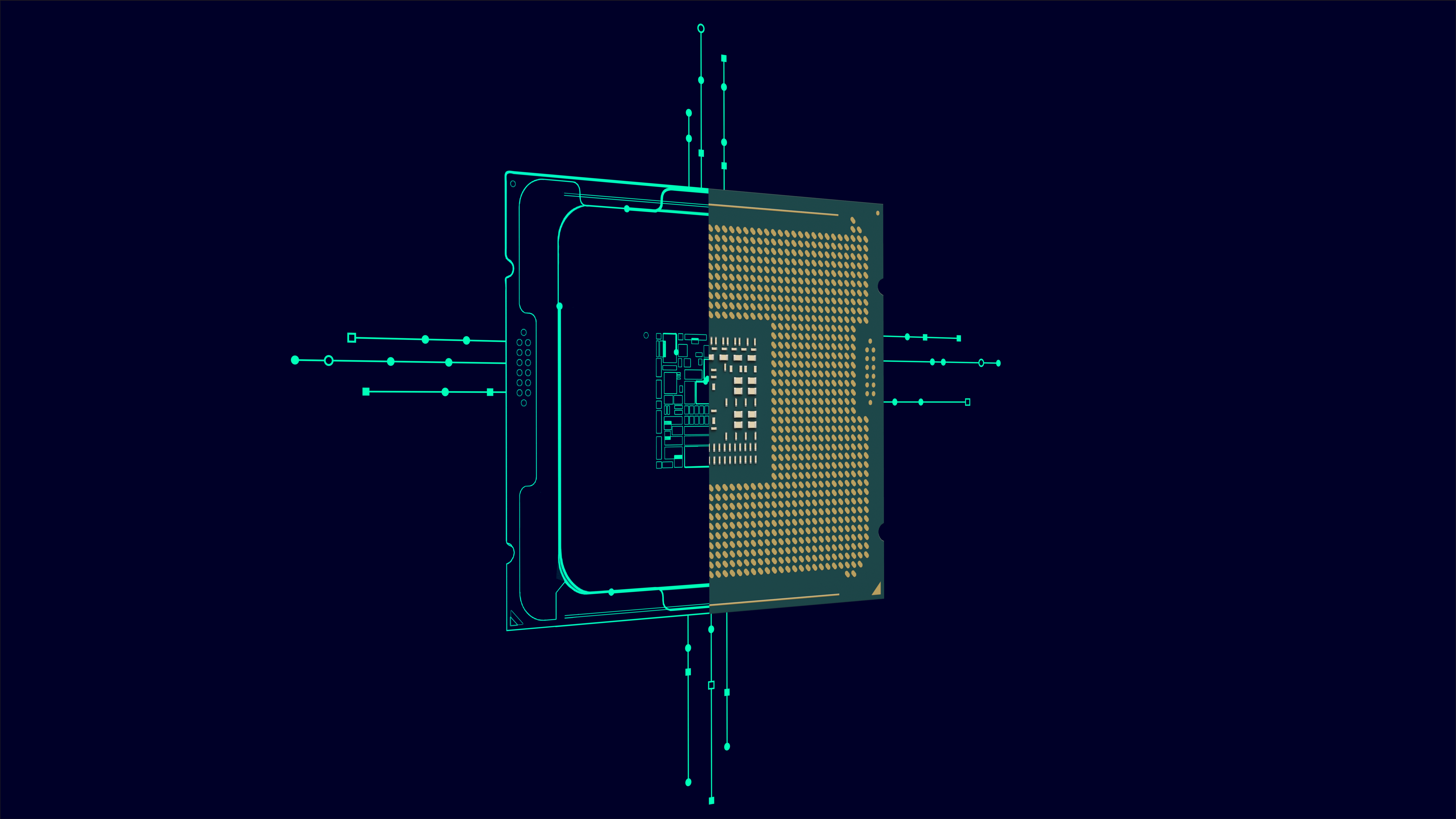 A stylized, exploded view of a processor showing the transition from schematic design to physical hardware, representing the concept of a digital twin.