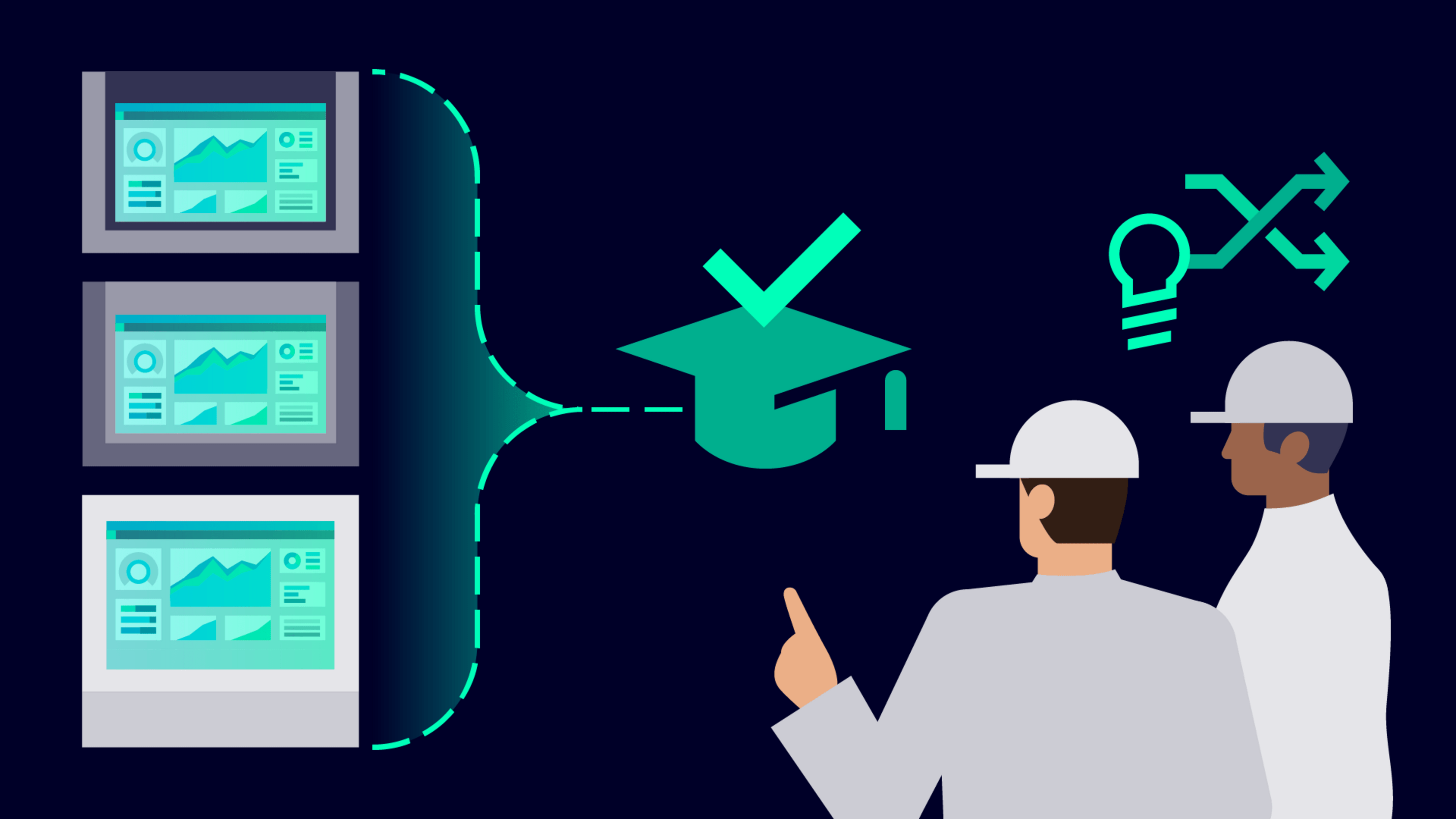 An illustration of two engineers discussing ideas for flexible HMI concepts. 