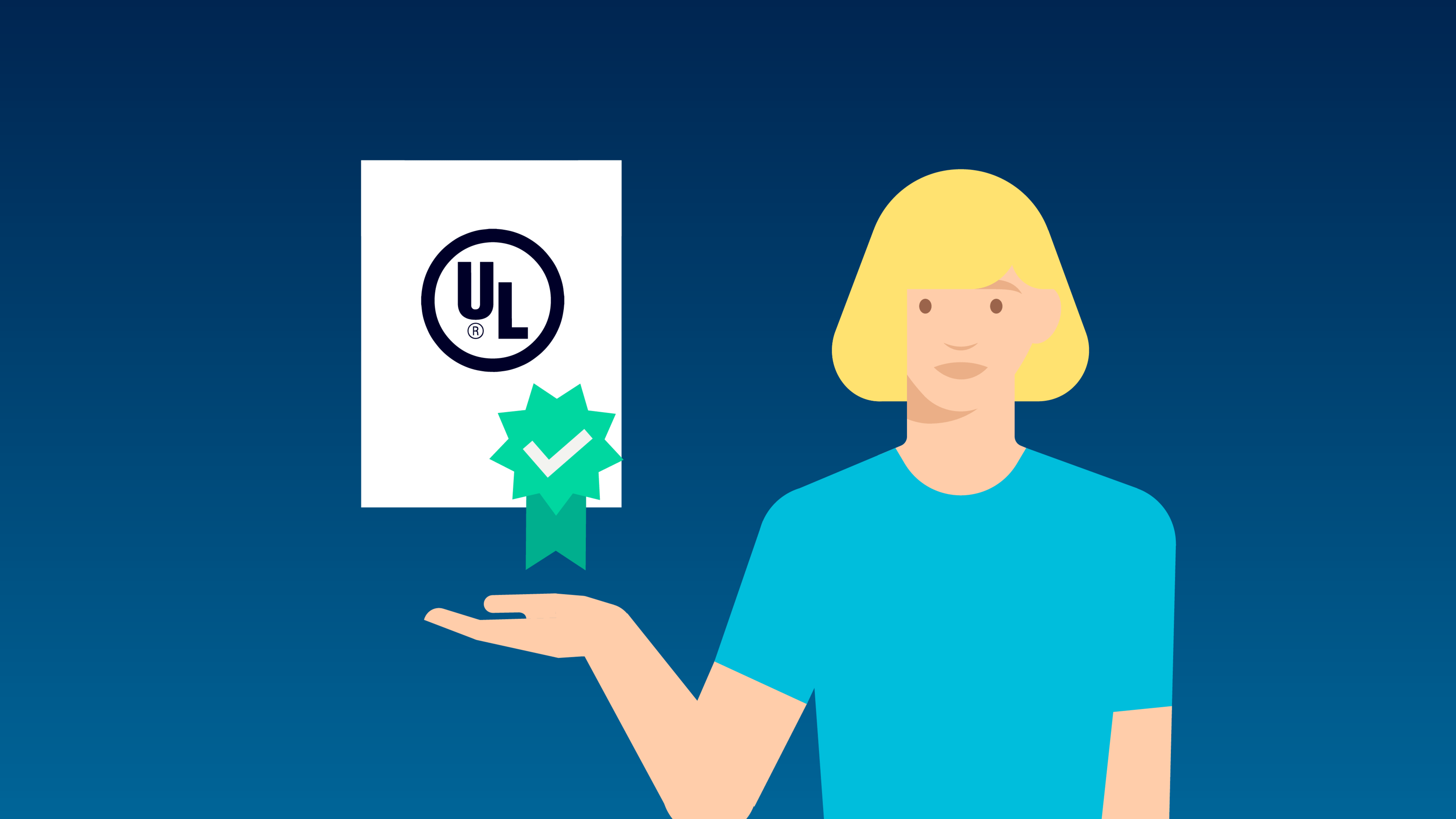 Illustration of a person presenting a UL certification document with approval badge.