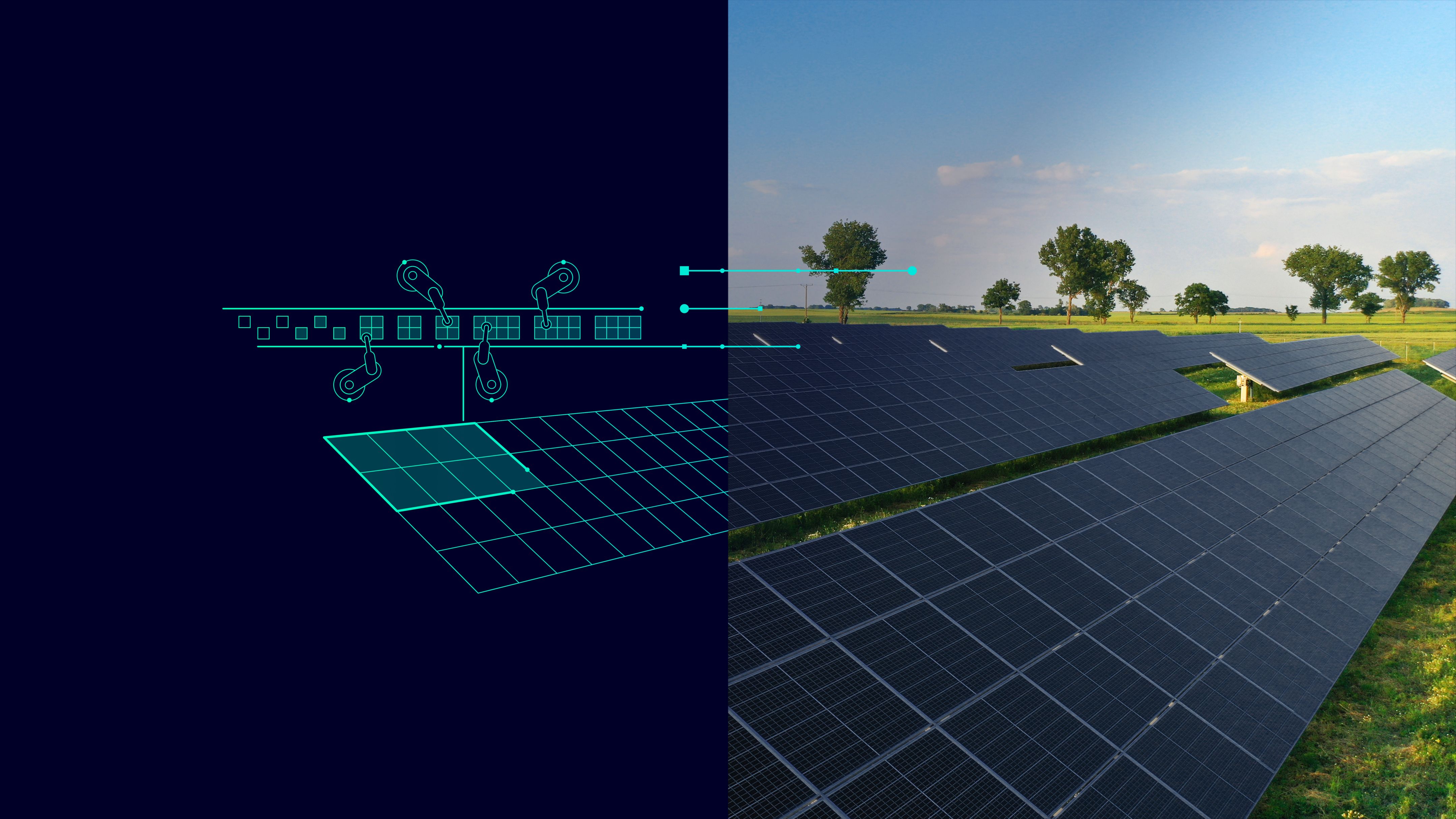 Split view showing a solar field and its digital representation illustrating digitalization in solar manufacturing.