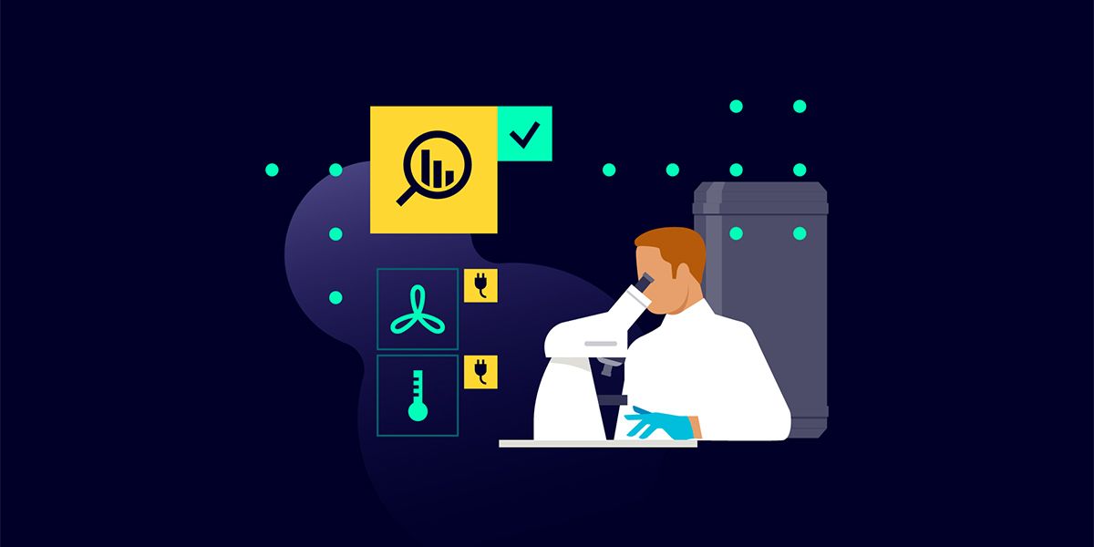 Infografikai kép a Life Sciences Smart Lab Ecosystem mikroszkópon keresztül néző tudóssal
