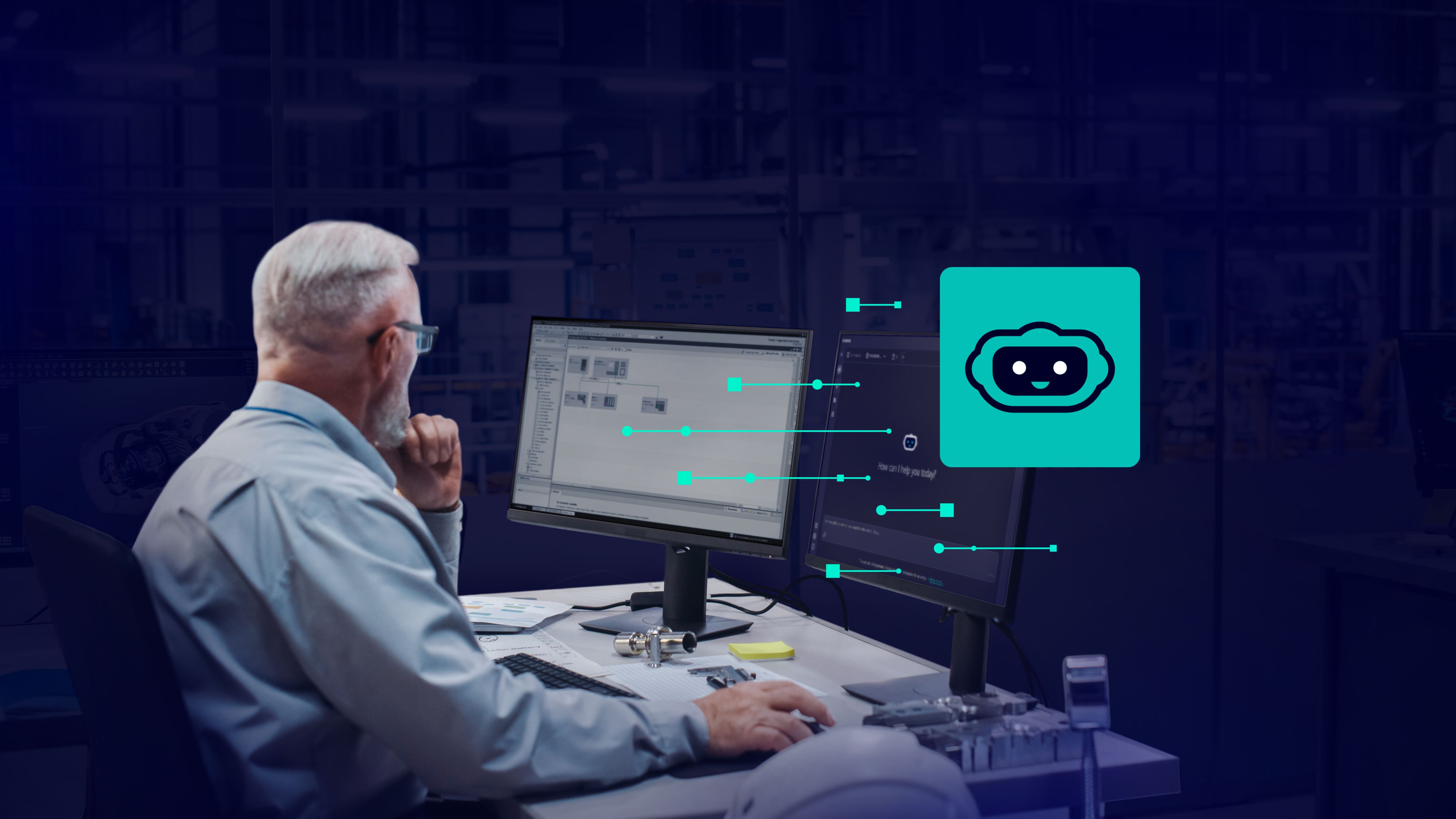 Mężczyzna na stacji roboczej z dwoma monitorami w interakcji z chatbotem AI, symbolizującym cyfrową pomoc w środowisku technicznym