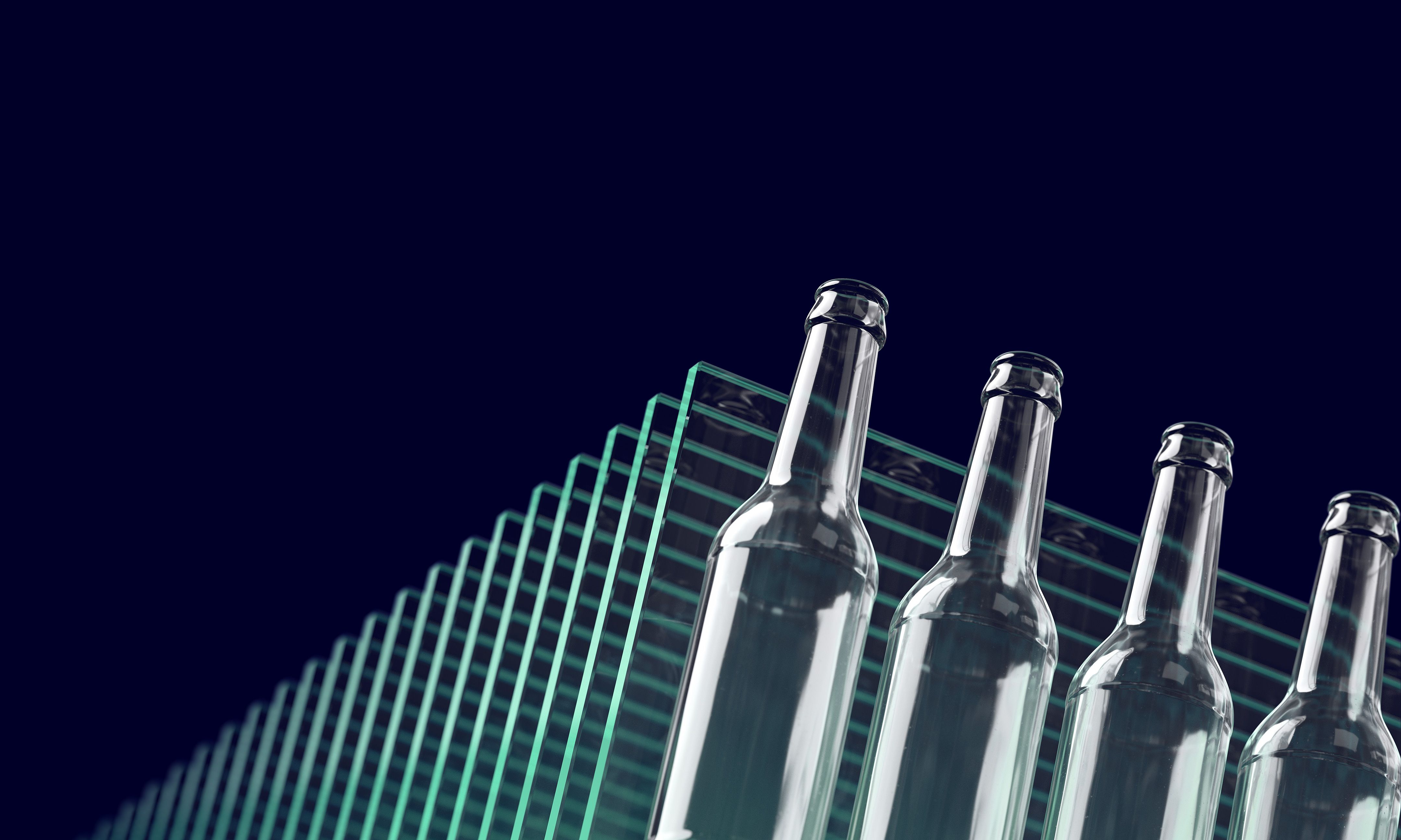Various glass panes and bottles, arranged in an harmonic way
