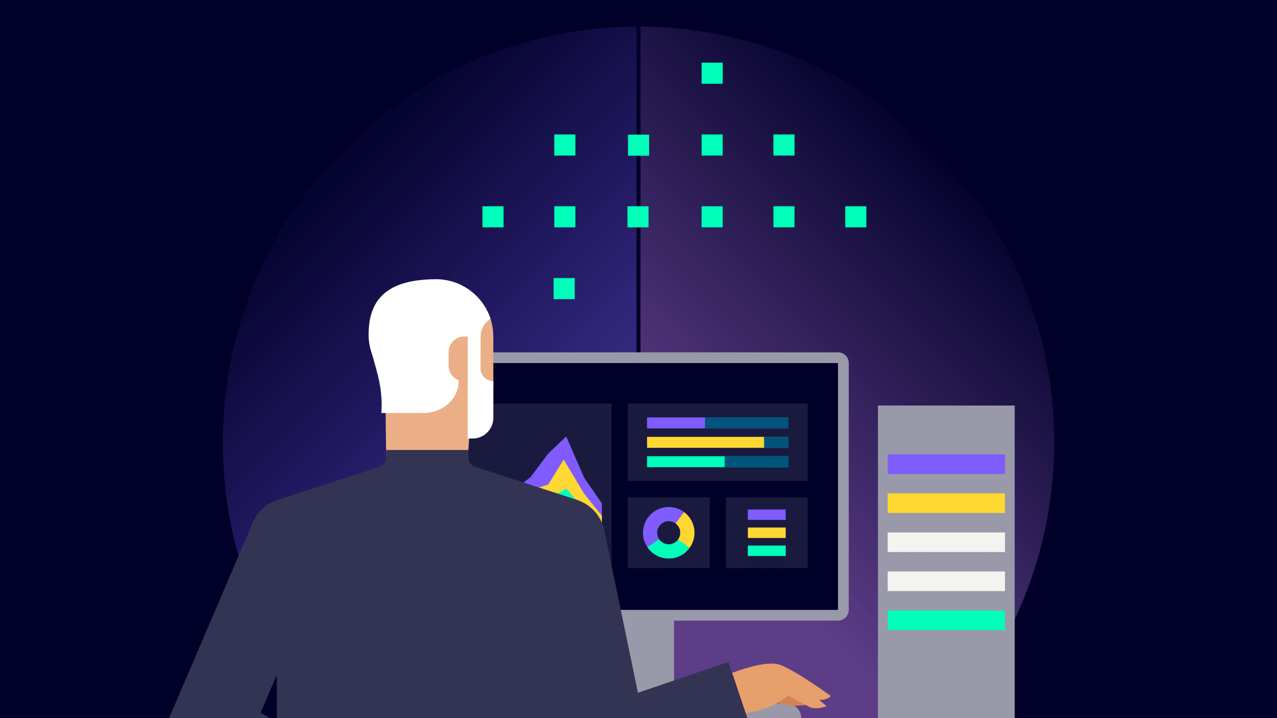 Person viewed from behind working at a computer dashboard beside a server rack on a dark blue background.
