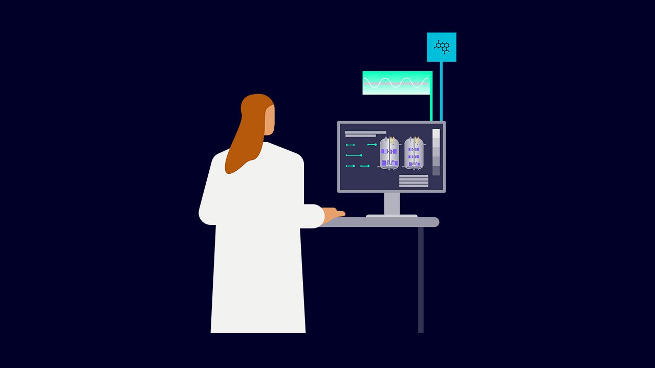 Graphic of a person in front of a computer. 