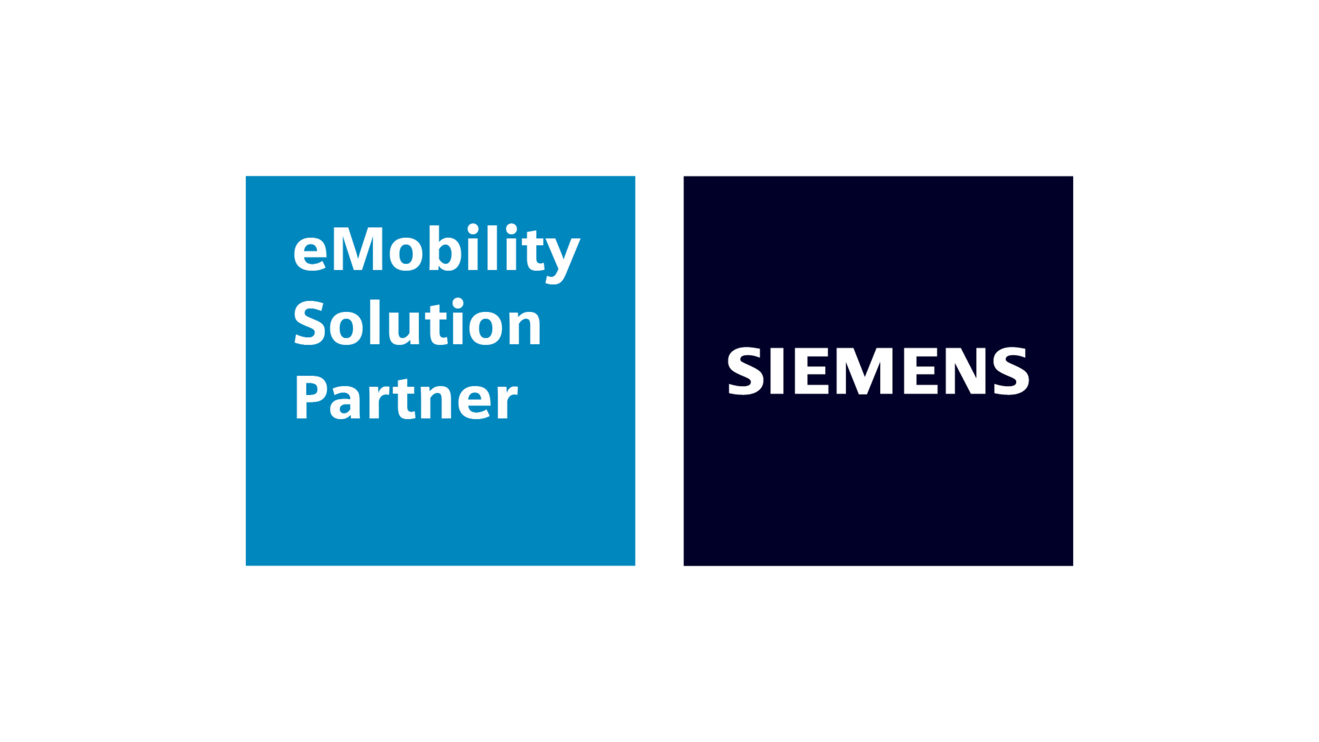 Dwa kwadraty, lewy z napisem „eMobility Solution Partner”, po prawej logo Siemens