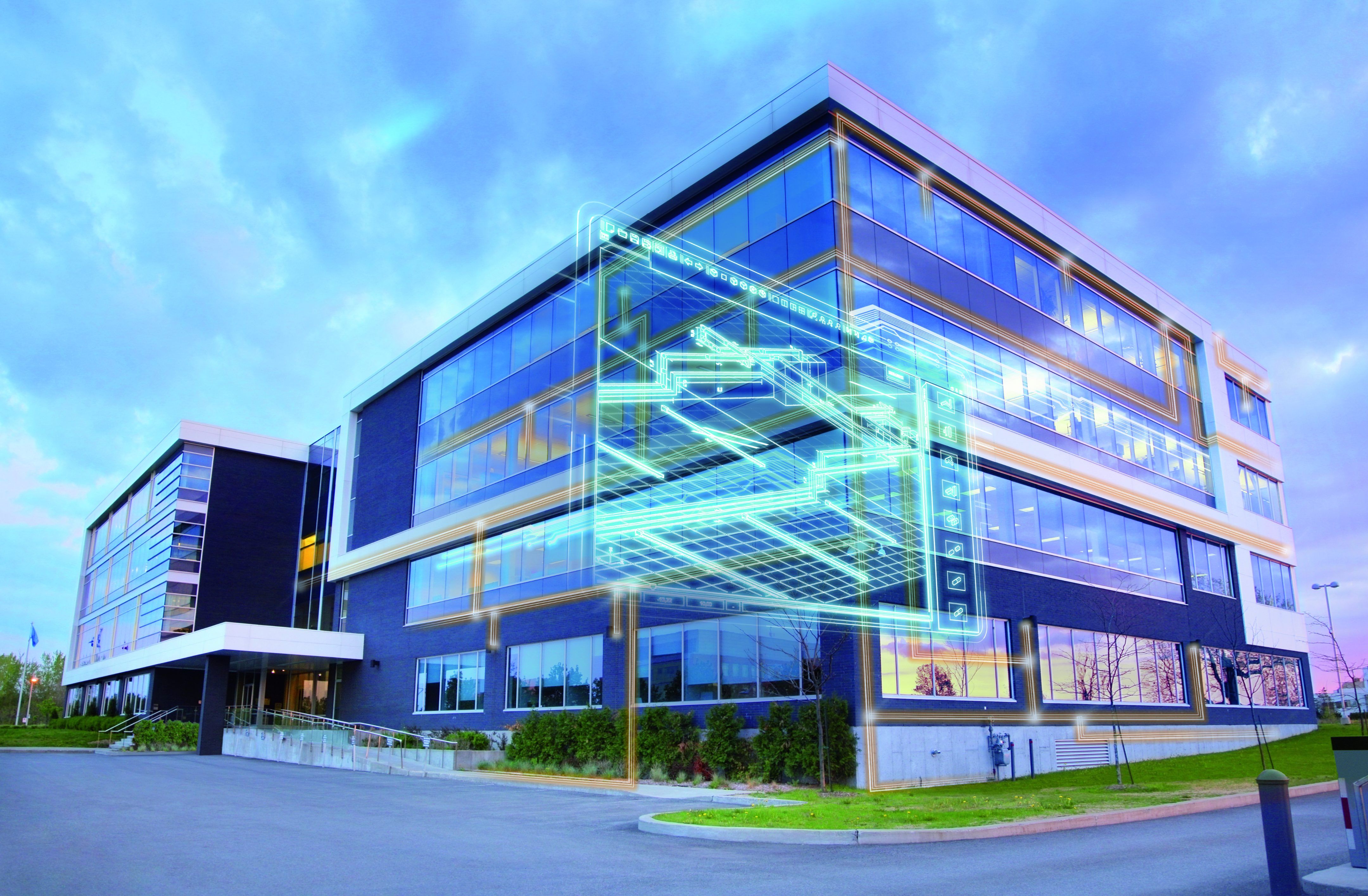 A modern glass office building featuring a glowing, cyan holographic circuit board overlay 