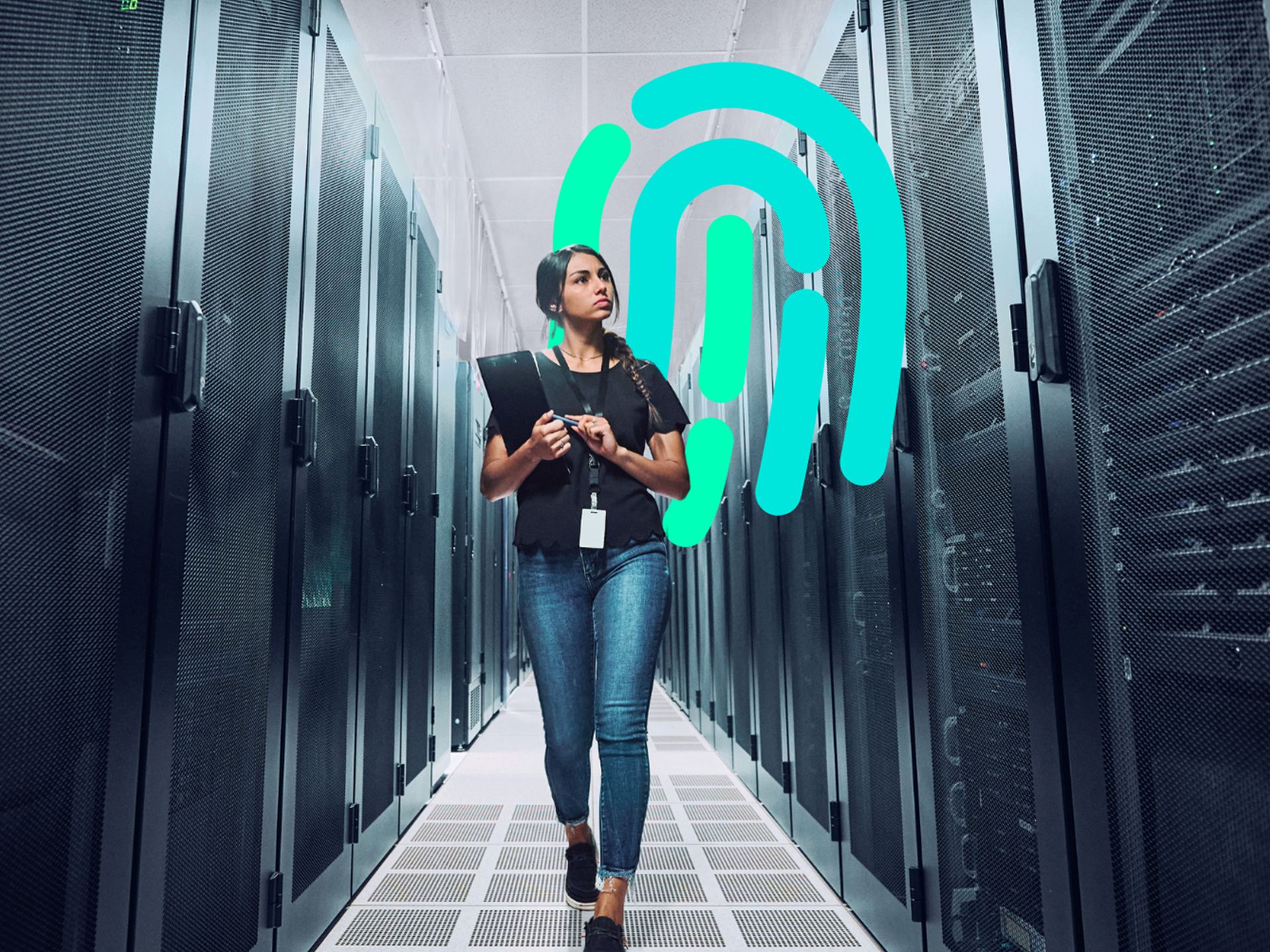 Woman in a data center with the cybersecurity icon in the background