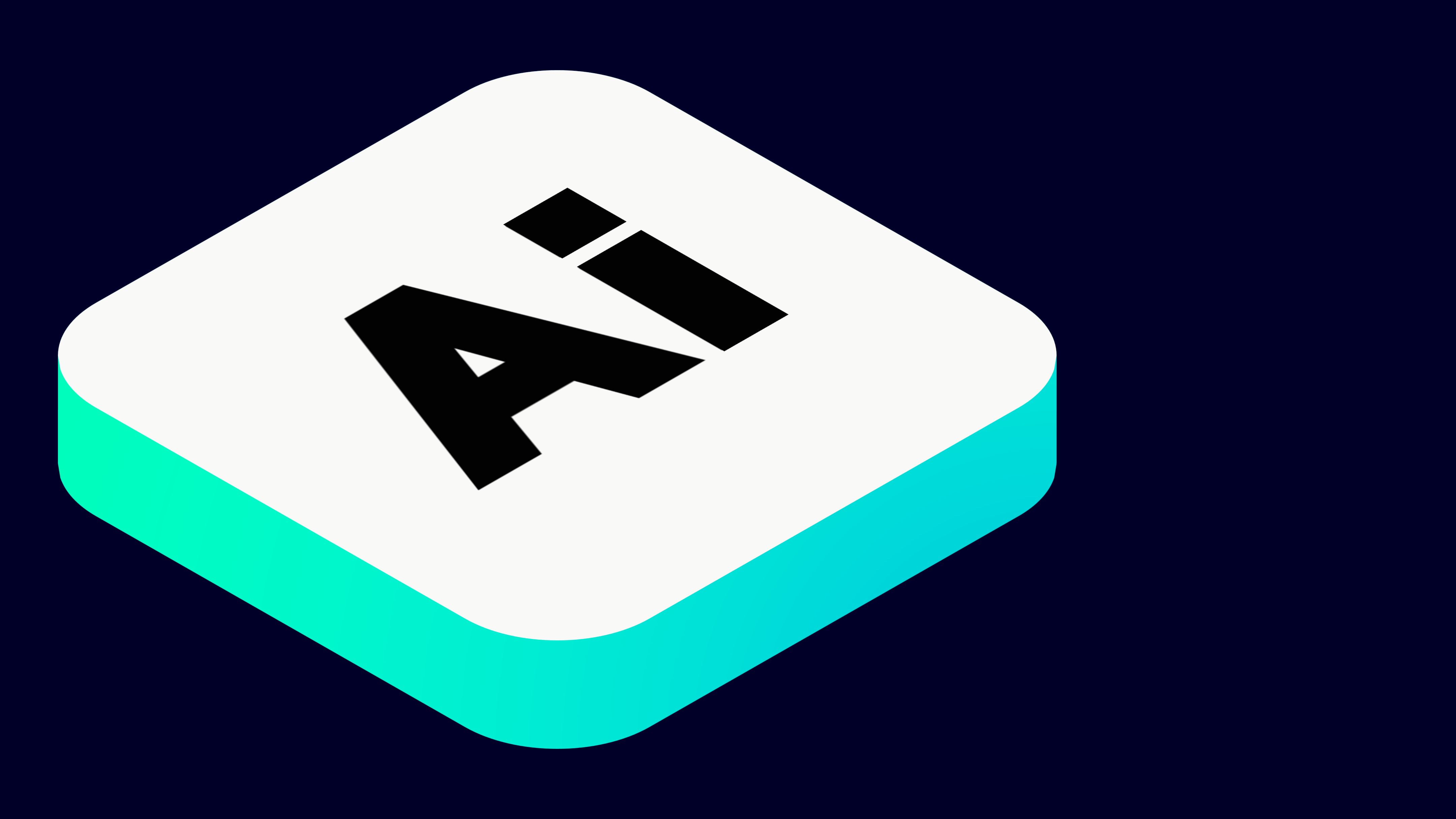 Hvid afrundet firkantet platform med blågrønne sider og sorte „Ai“ bogstaver på en mørkeblå baggrund.