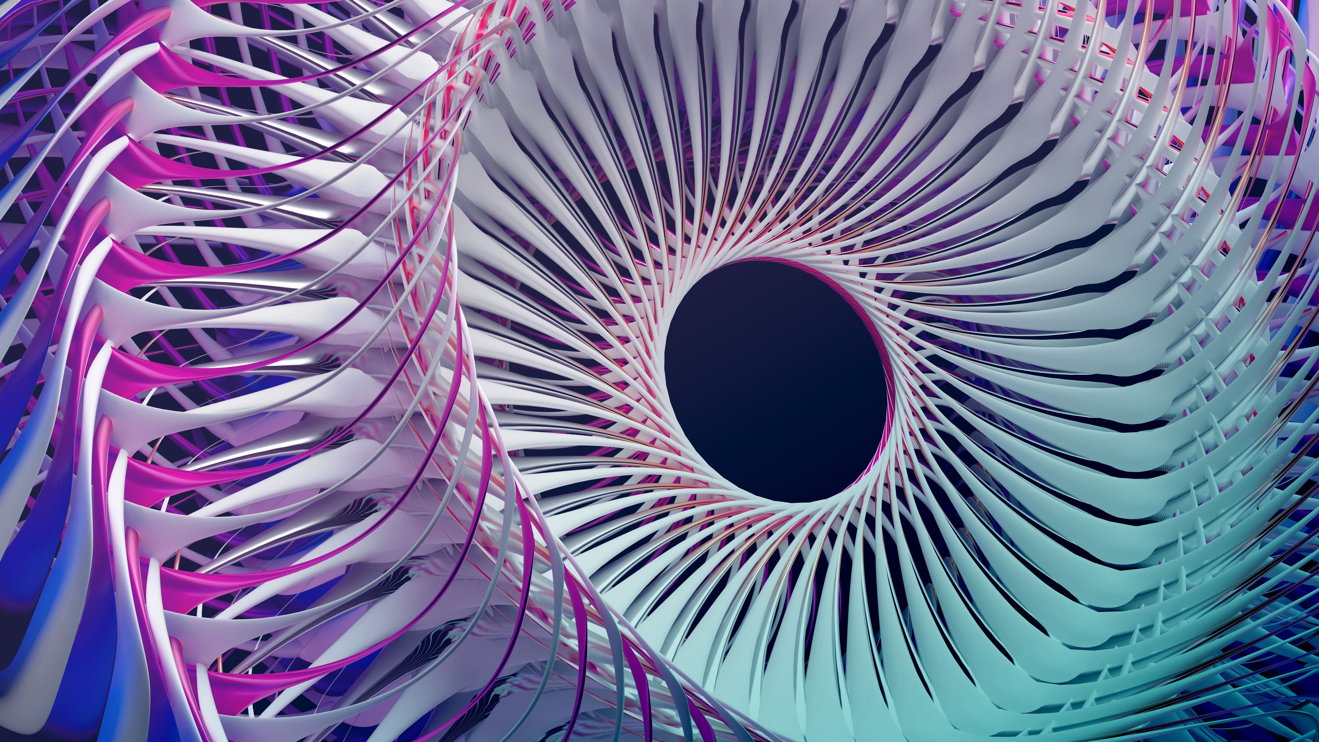 Beyaz, pembe ve deniz mavisi renklerde karmaşık bir spiral veya fan benzeri türbin yapısına sahip soyut 3D dijital sanat