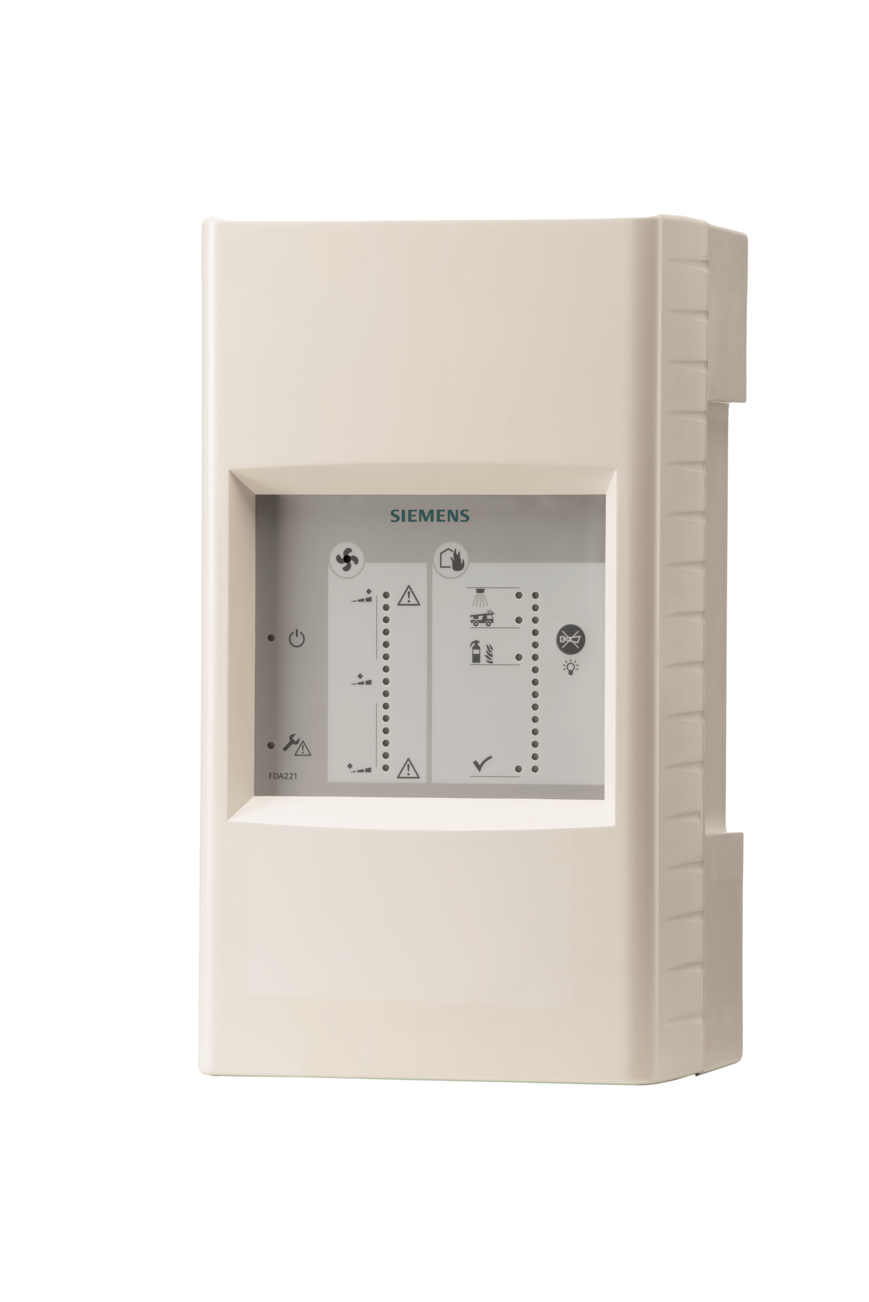 Un pannello di controllo Siemens beige con un display chiaro che mostra varie icone per lo stato del sistema, gli avvisi e funzioni come la ventola,