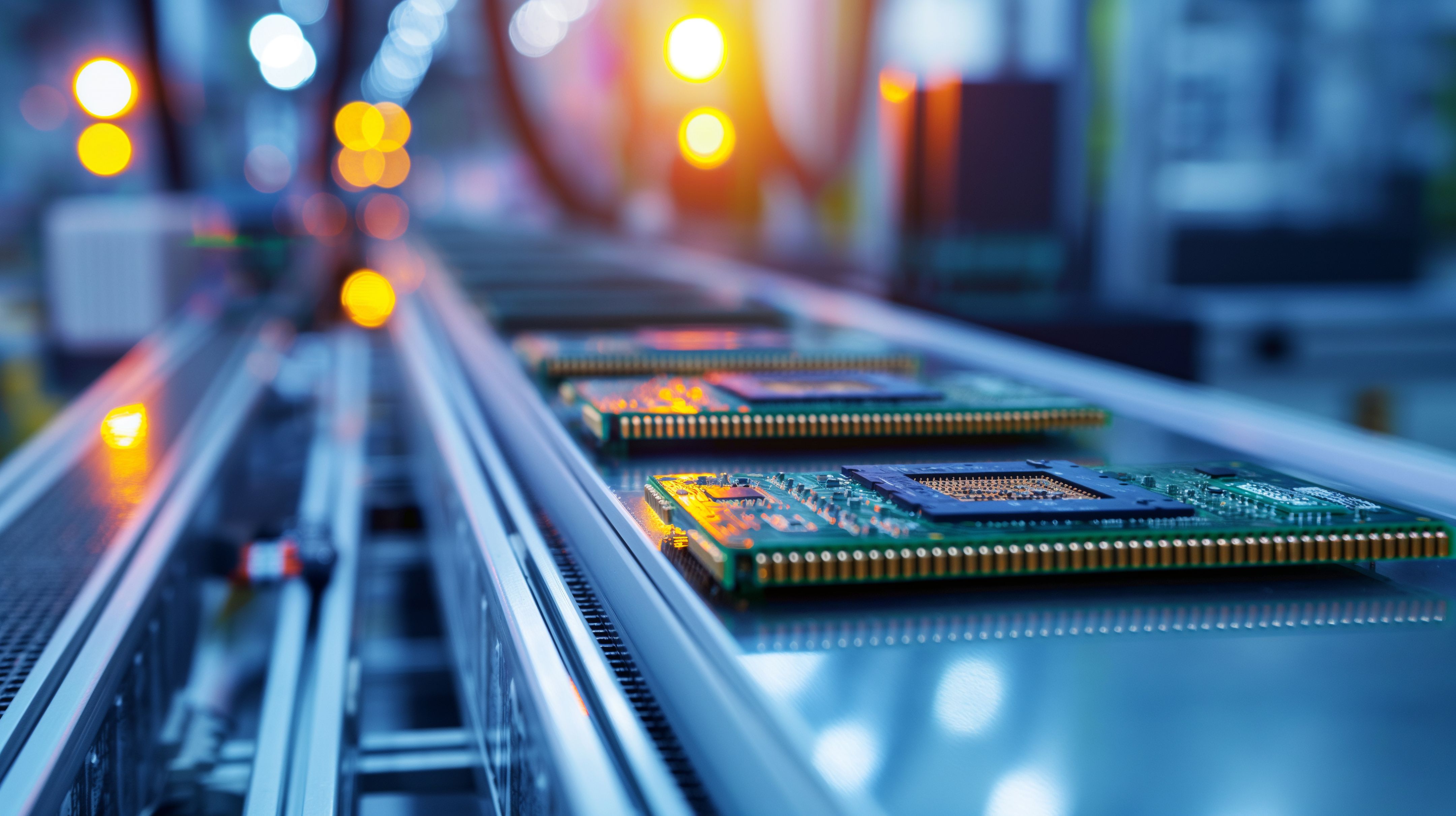 Computer chips assembly line in manufacturing plant, modern electronics production factory.