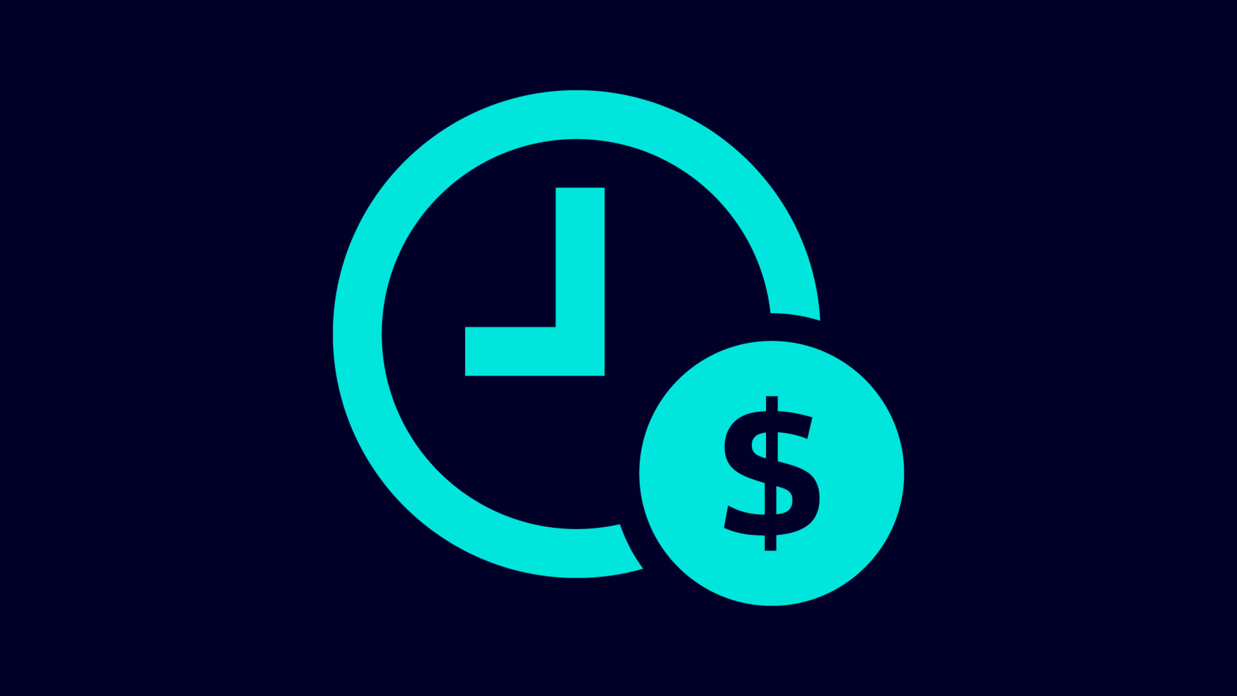 Turquoise clock symbol with a dollar sign circle overlapping the lower right on a dark blue background.