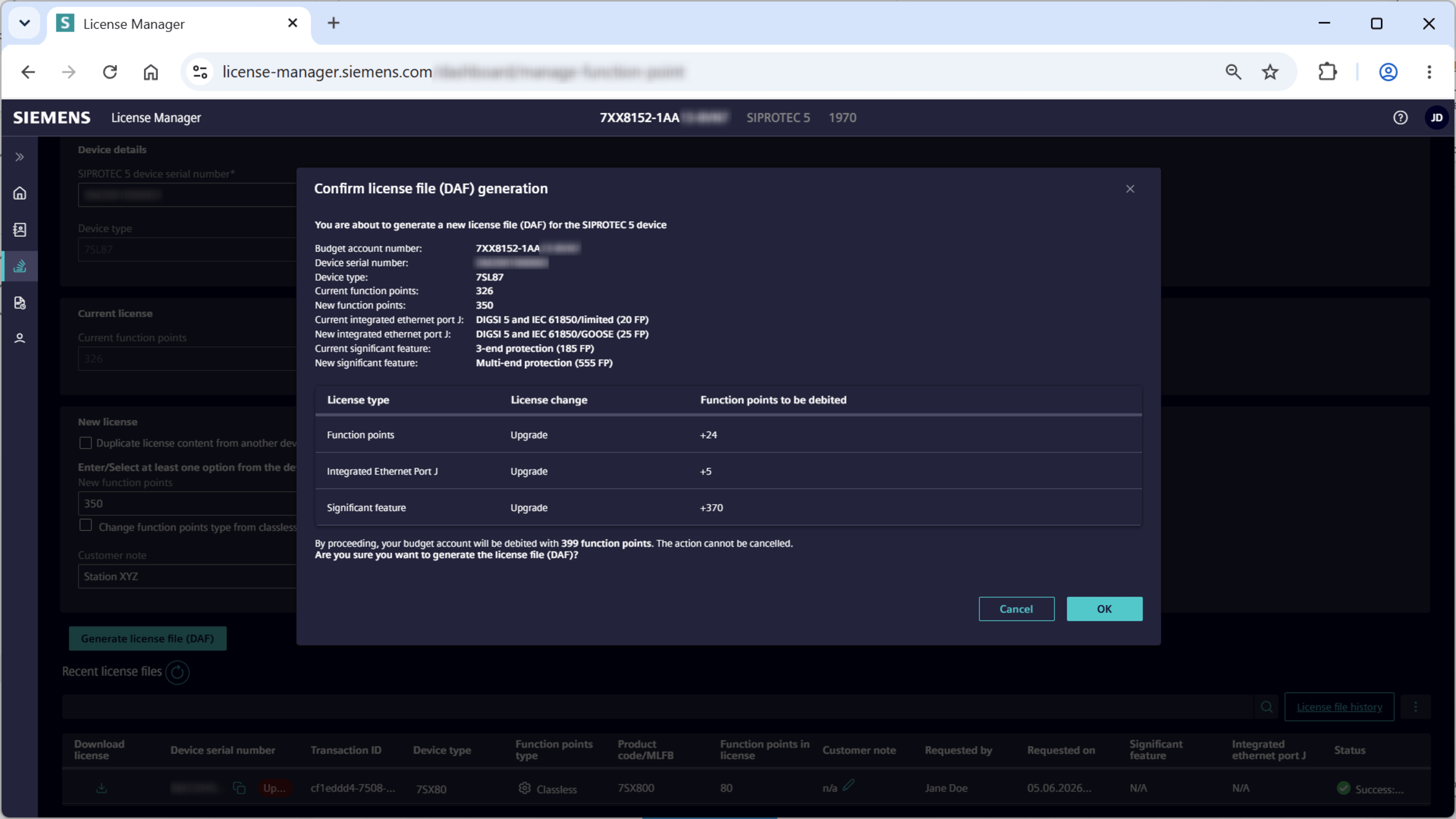 License Manager SIPROTEC - Confirm license files (DAF) generation