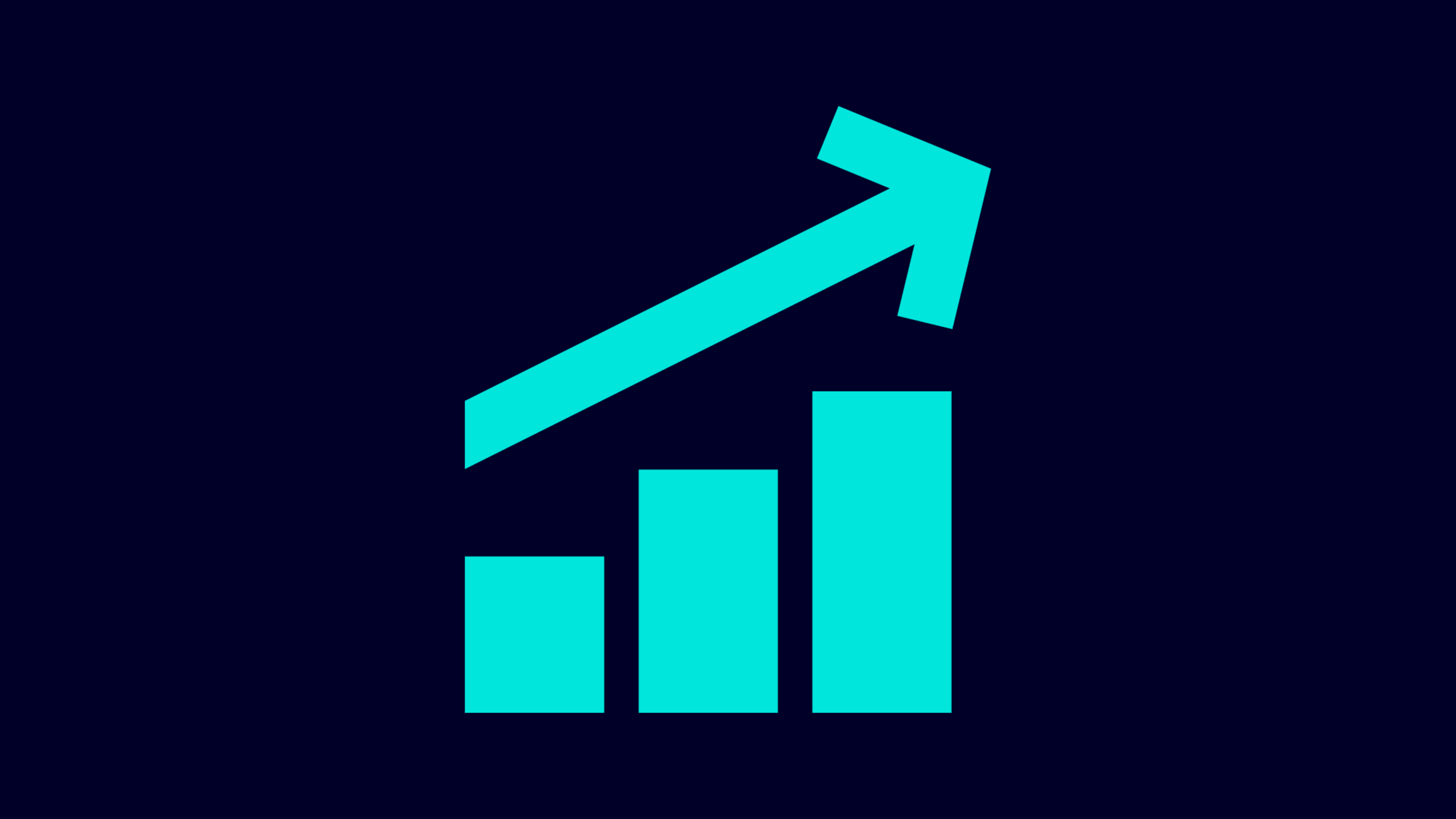 Three ascending turquoise bars with an upward-pointing arrow above them on a dark blue background.