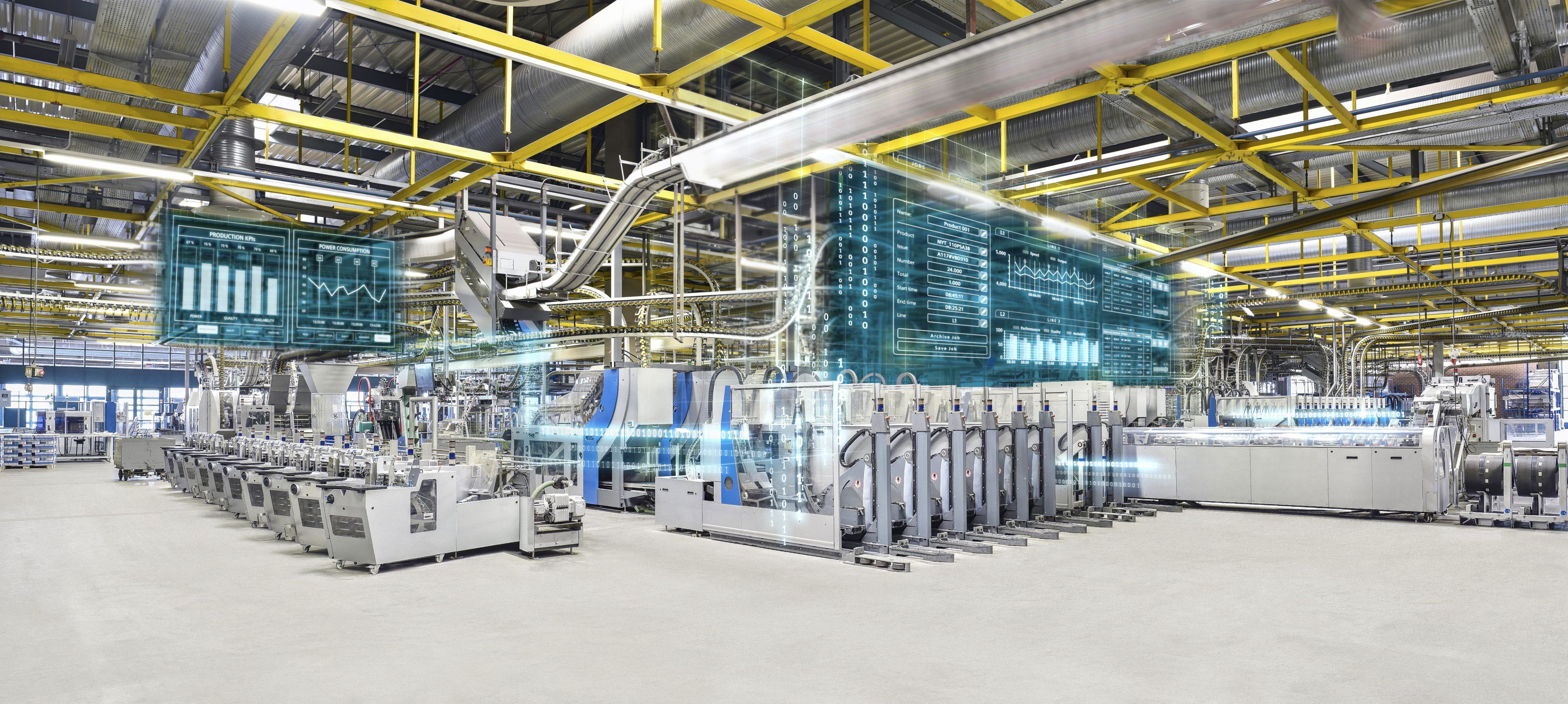 Machines on a shop floor. Digital interfaces surround them.
