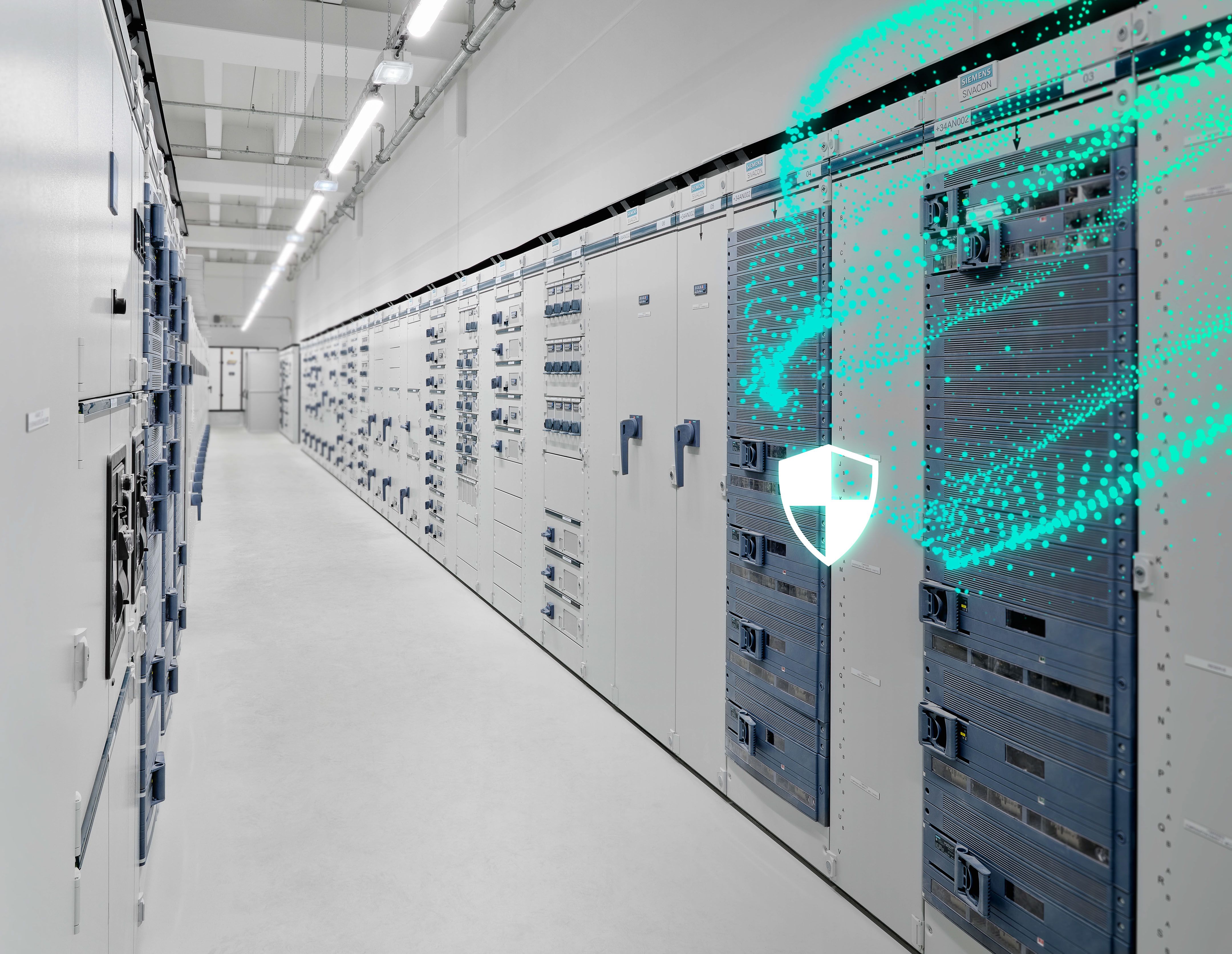 Long hallway of electrical cabinets with a digital security shield and glowing green data stream overlay.