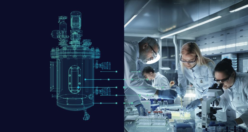 Digital thread-digital twin design blueprint side-by-side with group of scientists or pharmacists working in a lab.
