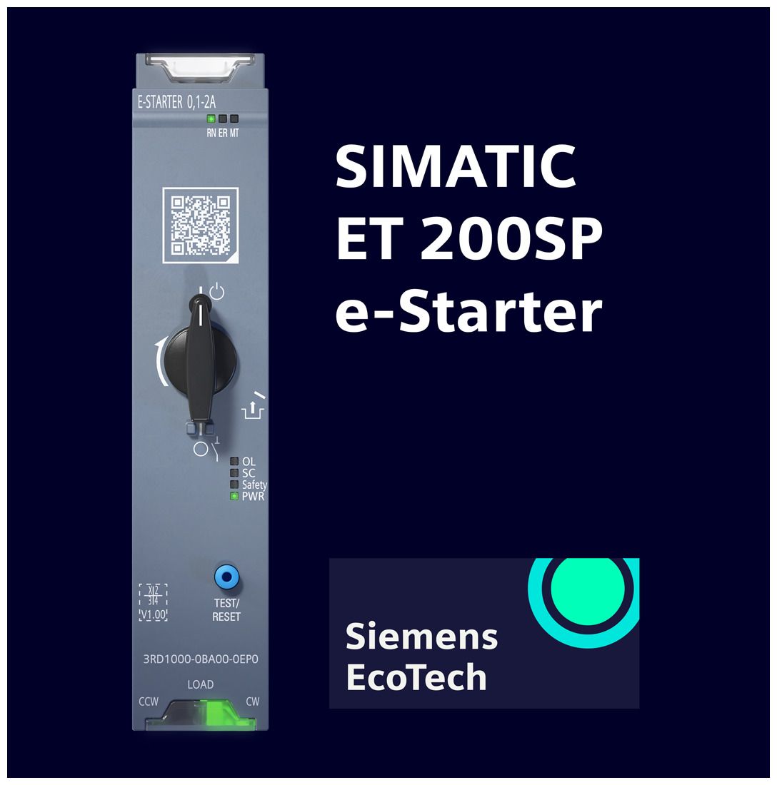 Siemens SIMATIC ET 200SP e-Starter module, featured alongside the Siemens EcoTech sustainability logo.