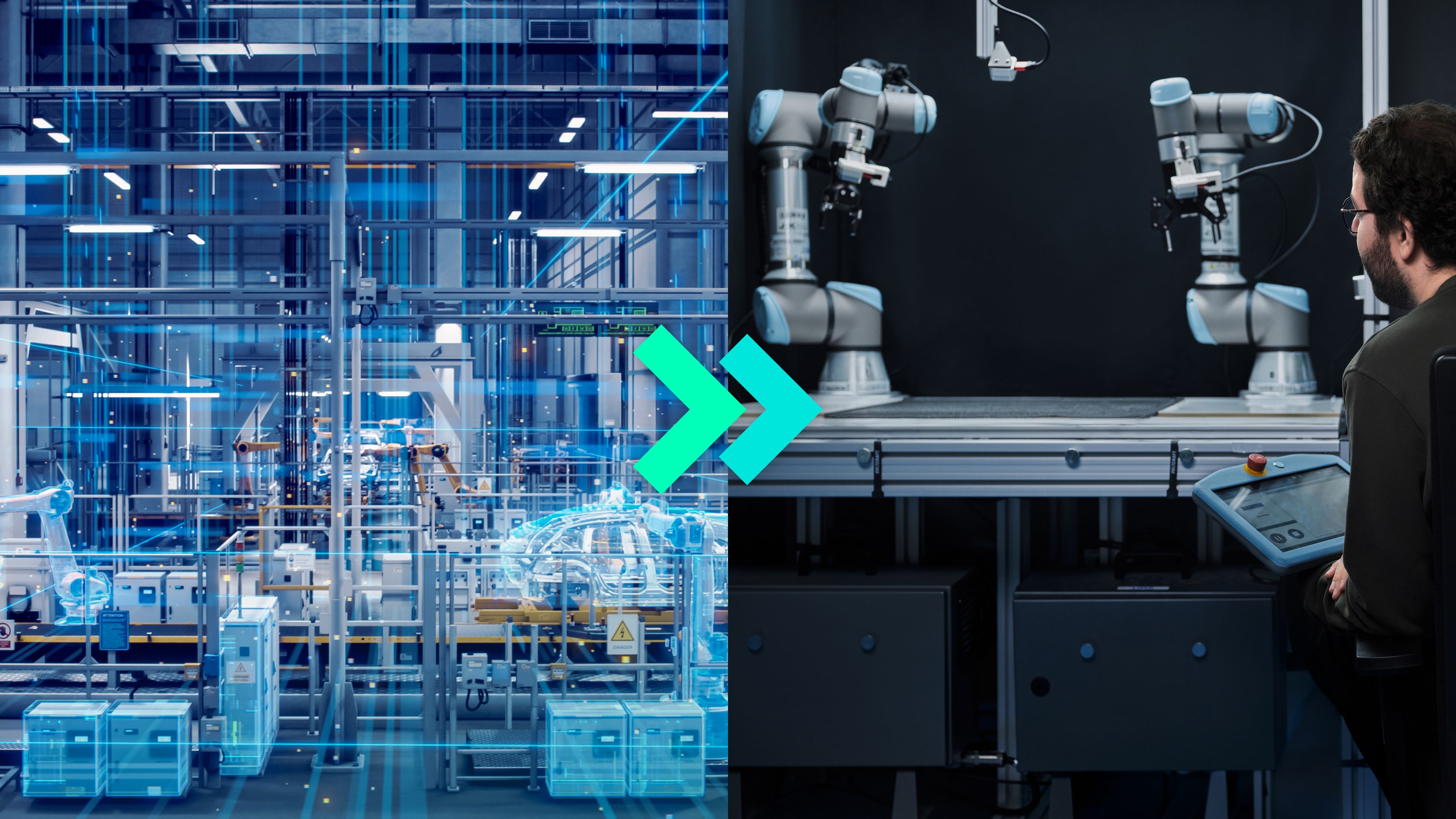 Een gesplitste afbeelding van een digitaal verbonden geautomatiseerde fabriek, vergezeld door een ingenieur die robotarmmachines bedient.