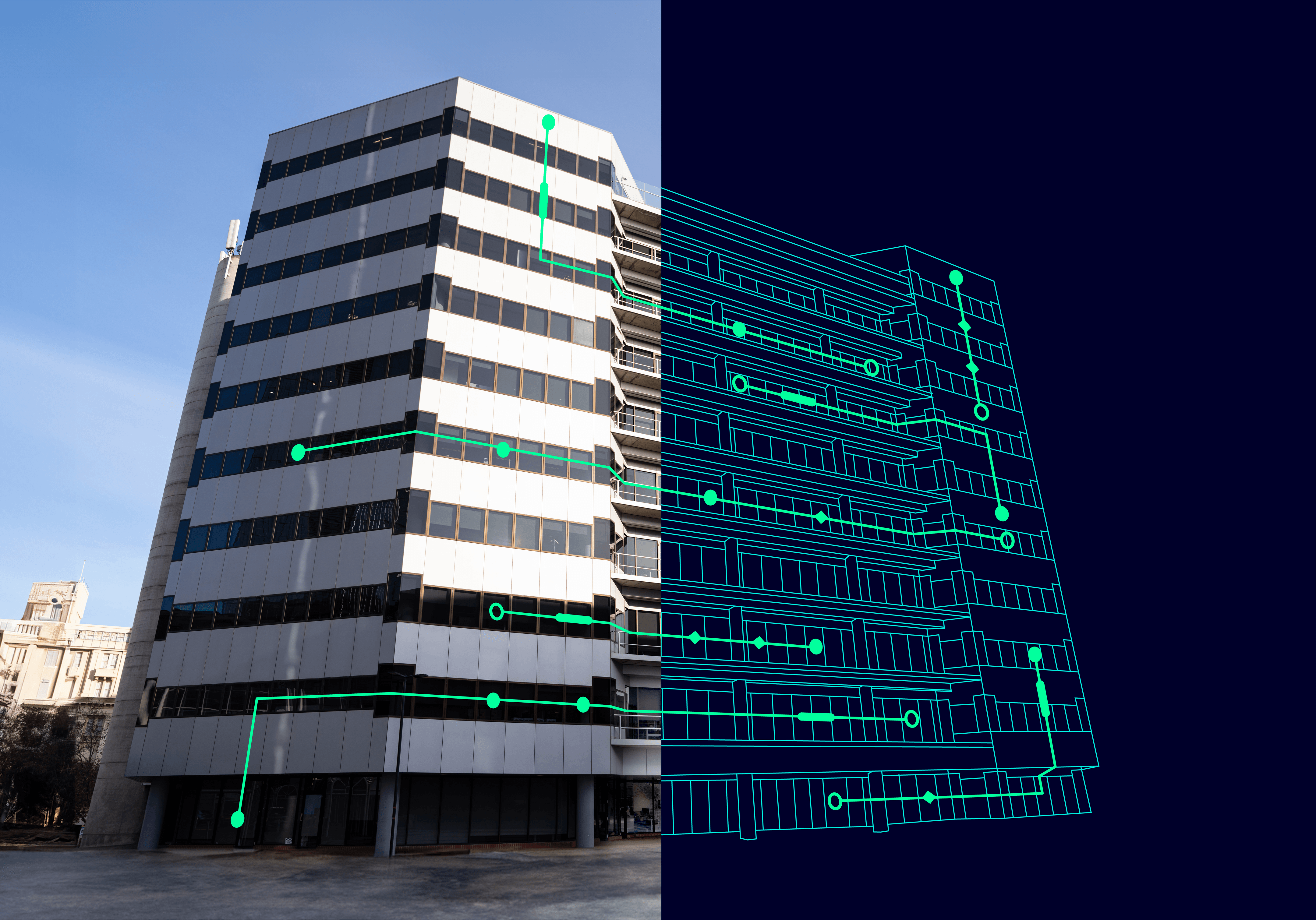 Vista divisa di un edificio per uffici che mostra una foto reale e un wireframe digitale con connessioni simili a circuiti verdi neon.
