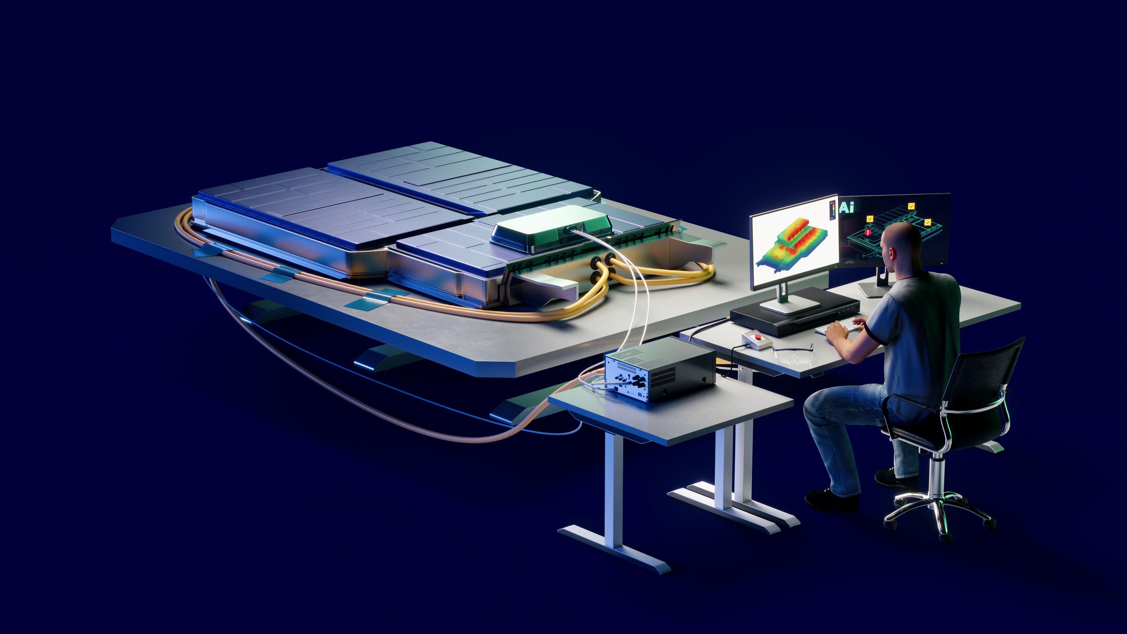 On the right of the image, a battery engineer works using AI to simulate battery performance. On the left of the image, a battery is shown as a visualisation of the concept he is workong on.