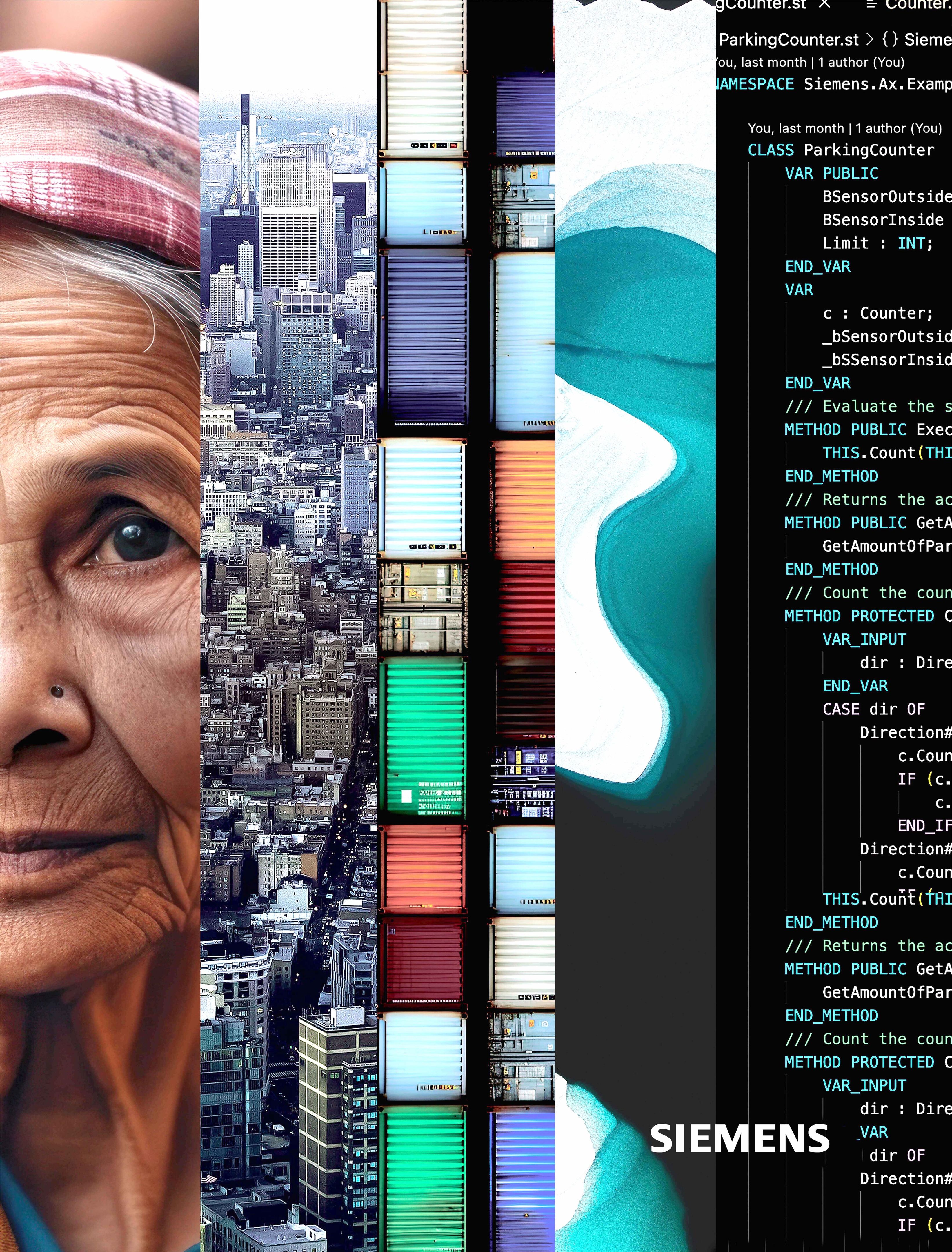 Portada del informe Megatrends de Siemens: collage que mezcla personas, paisajes urbanos, código y sostenibilidad