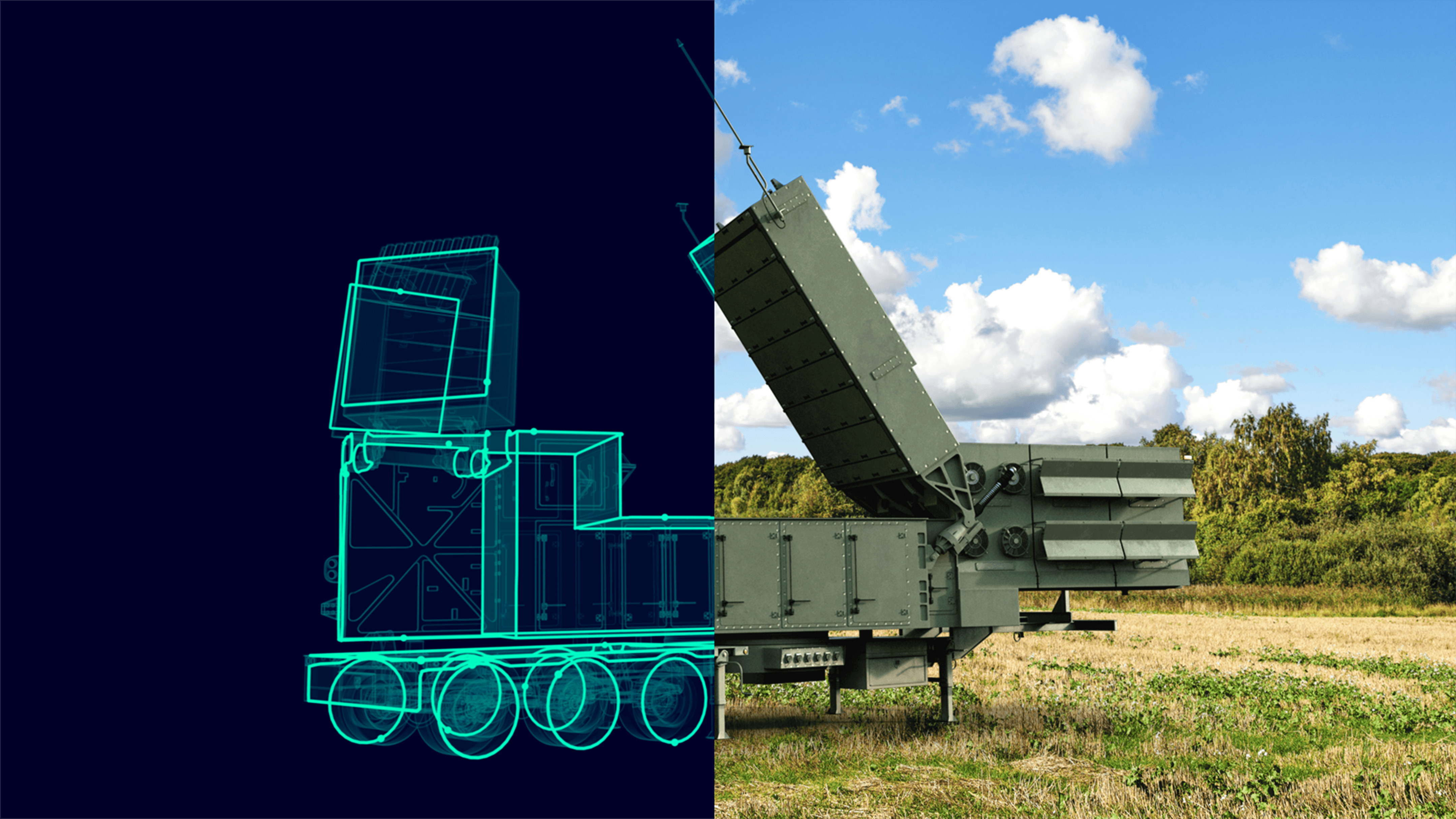 Split view of a trailer-mounted launcher, shown as cyan wireframe on the left and raised in a field on the right.