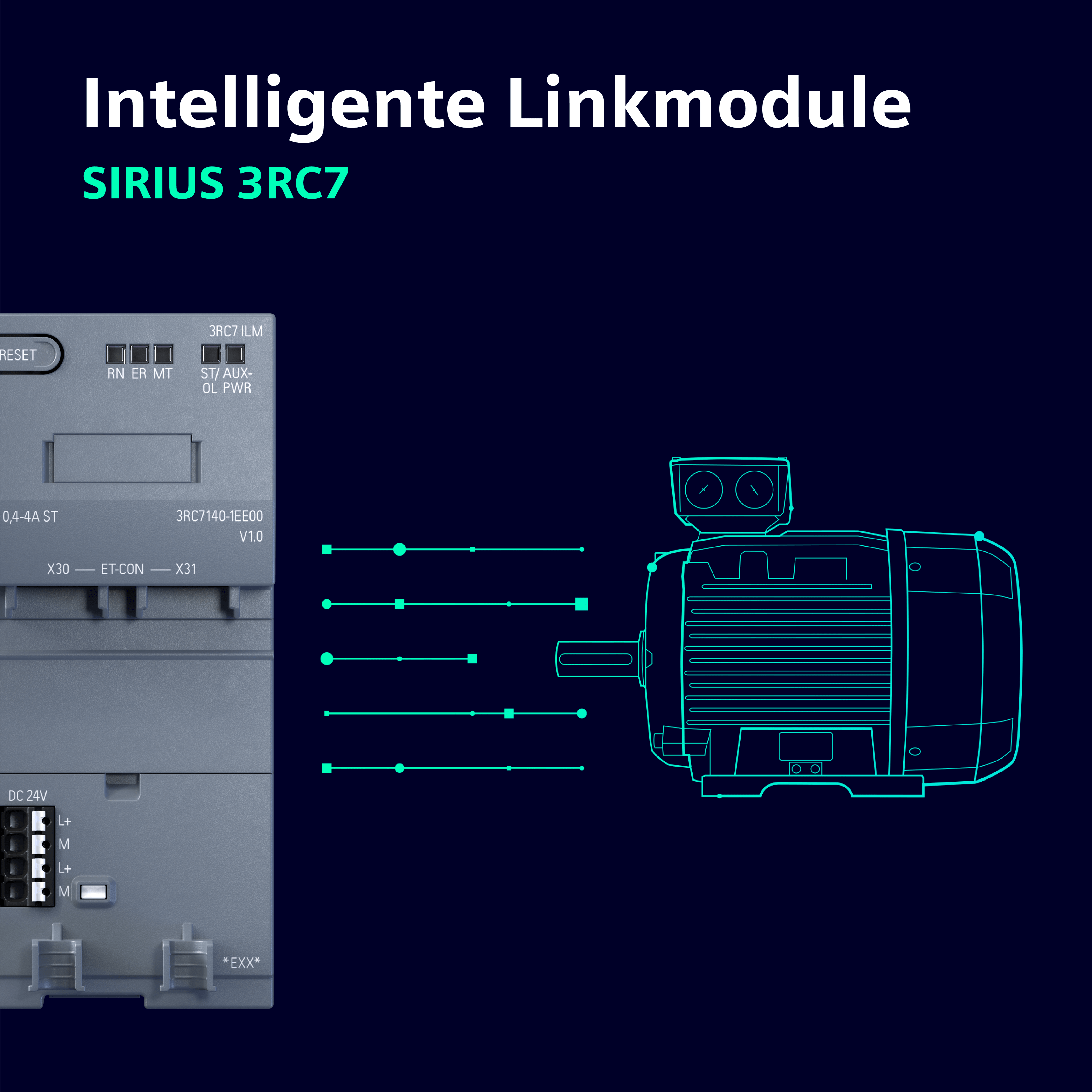 SIRIUS 3RC7 Intelligent Link Module digitally connected to an electric motor.
