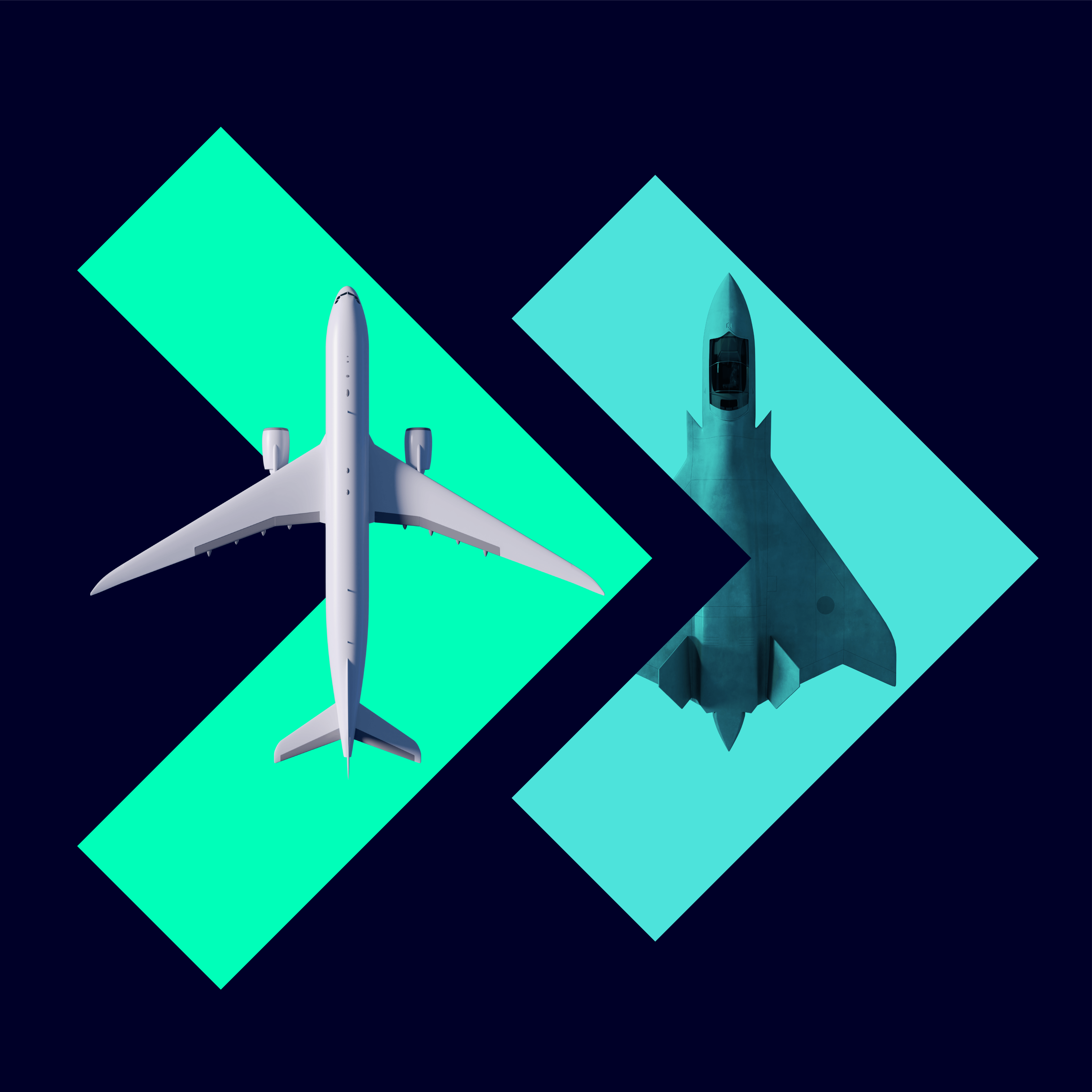 Rendered shapes of a civilian and a military aircraft.