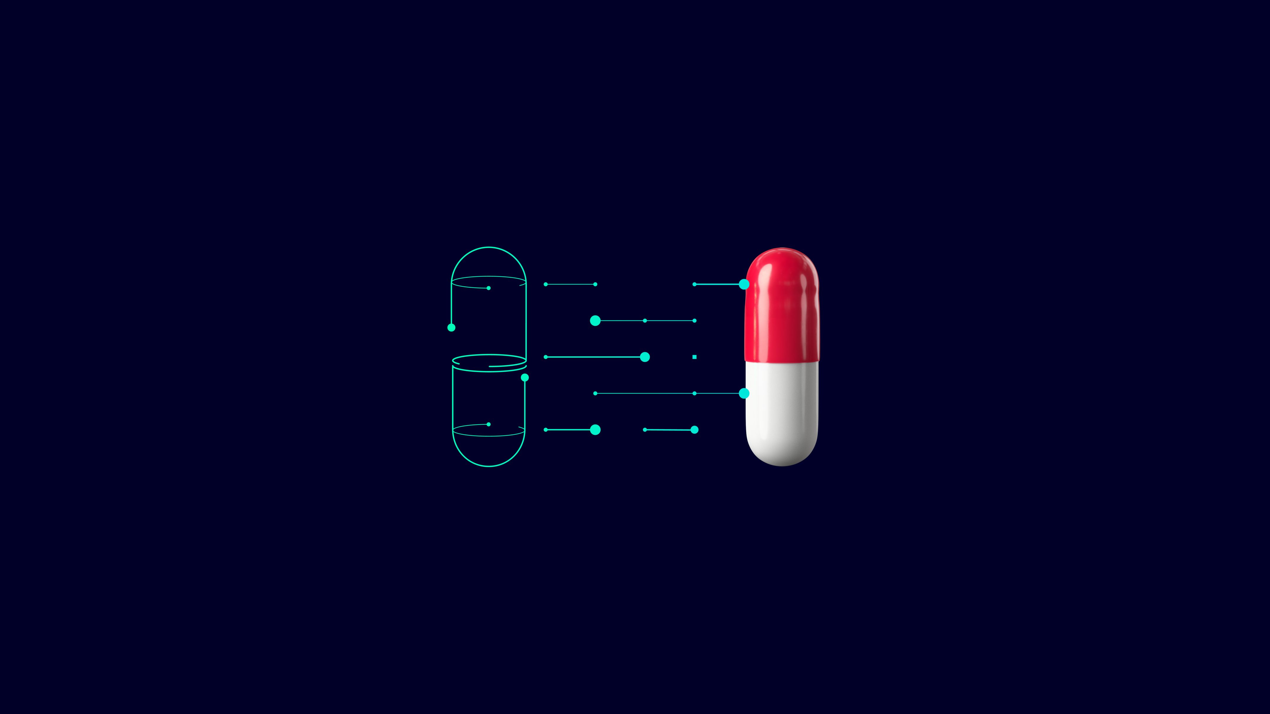 A medicine capsule connected to its digital twin outline by data lines.
