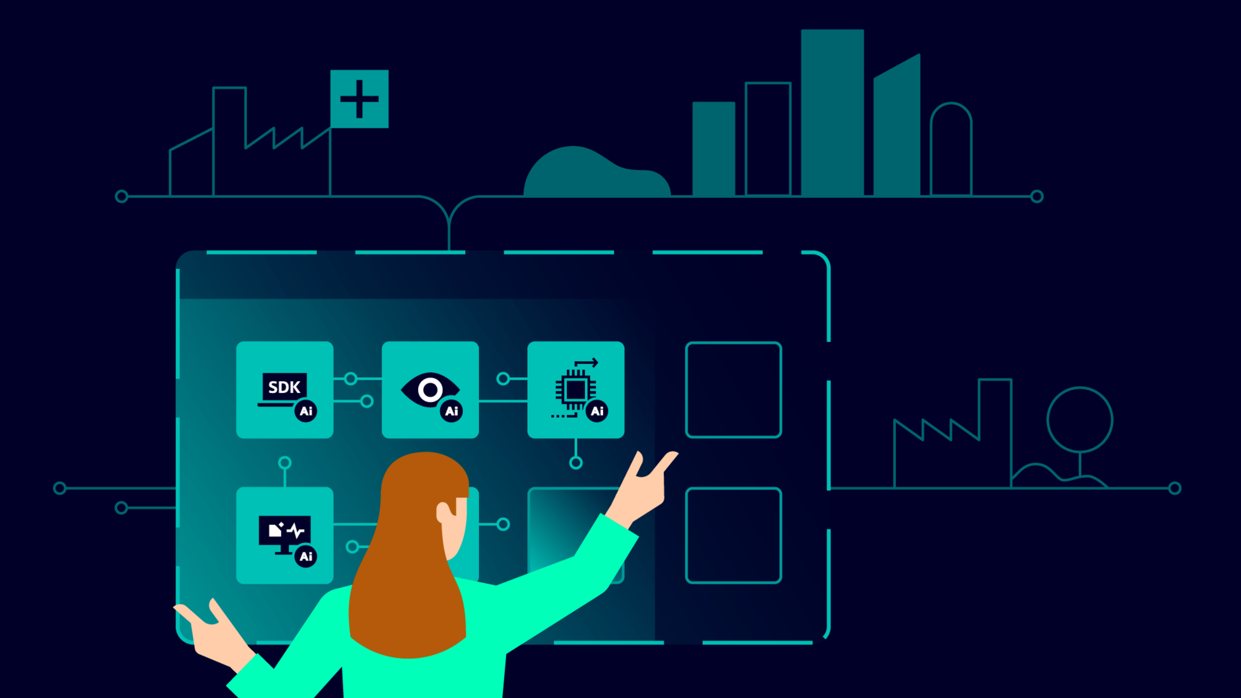 Infographic type image with a person selecting industrial AI options or functions on a monitor dashboard.