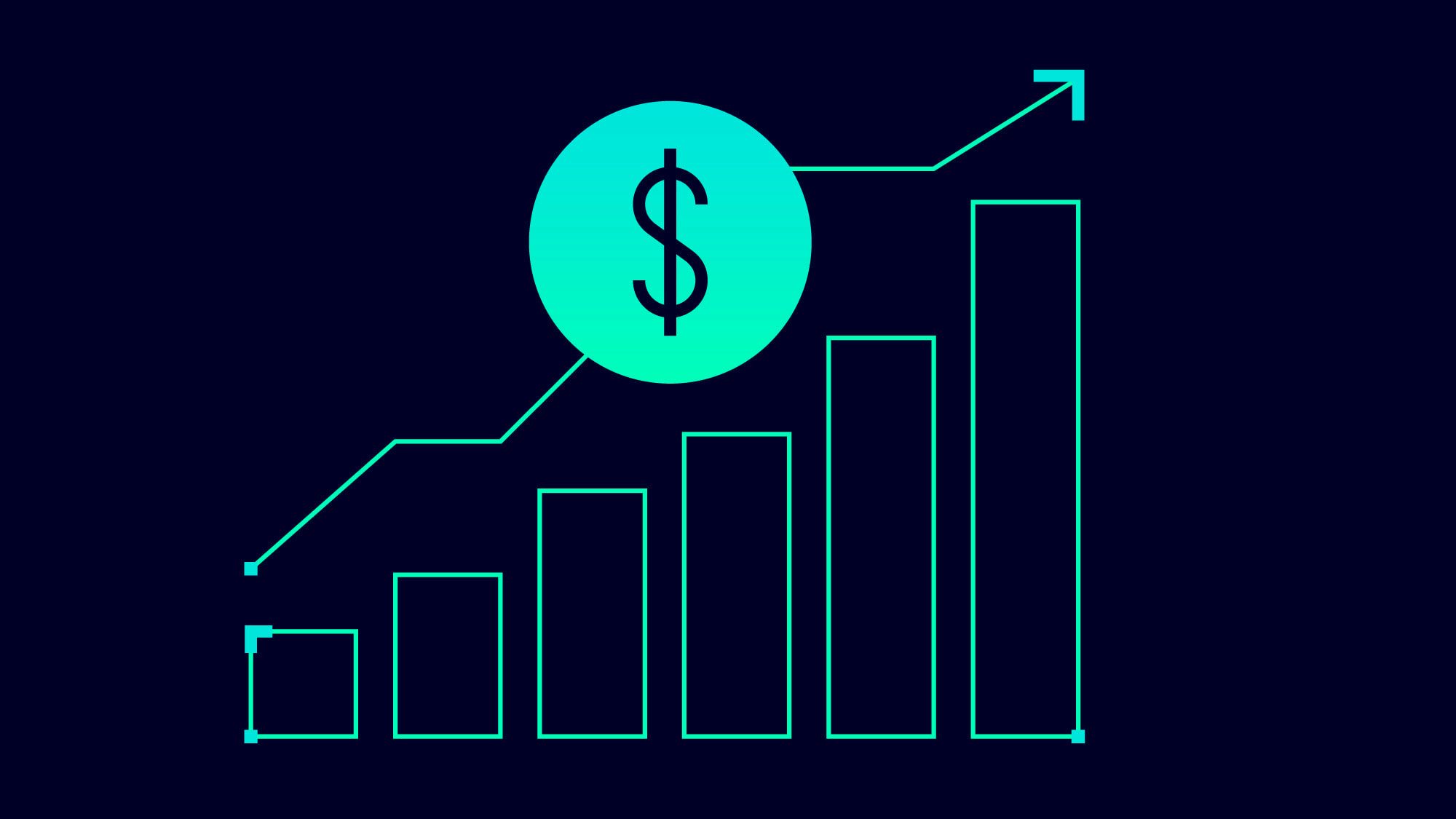 A bar graph with an upward trend line and a dollar sign symbol illustrates financial growth.