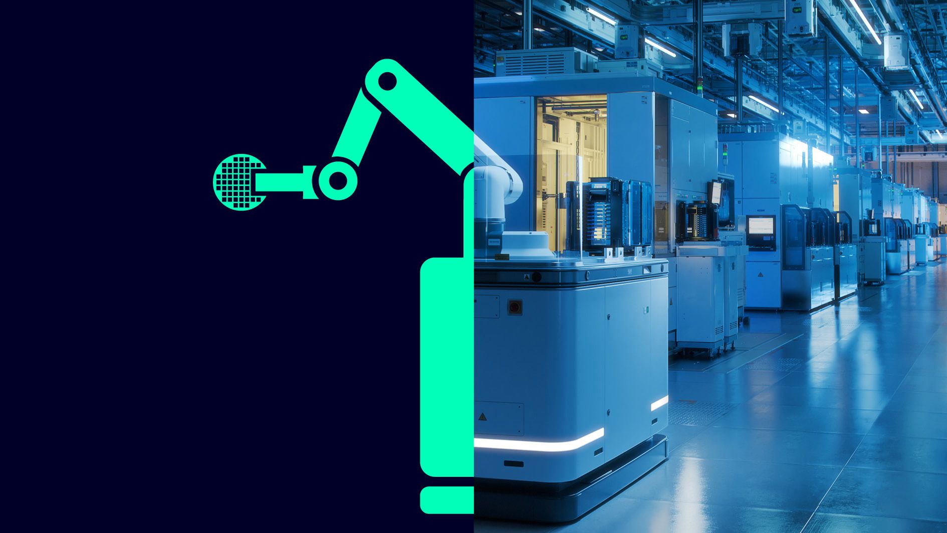 Ramię robota trzymające wafel na podzielonym tle obok zakładu produkcyjnego półprzewodników.