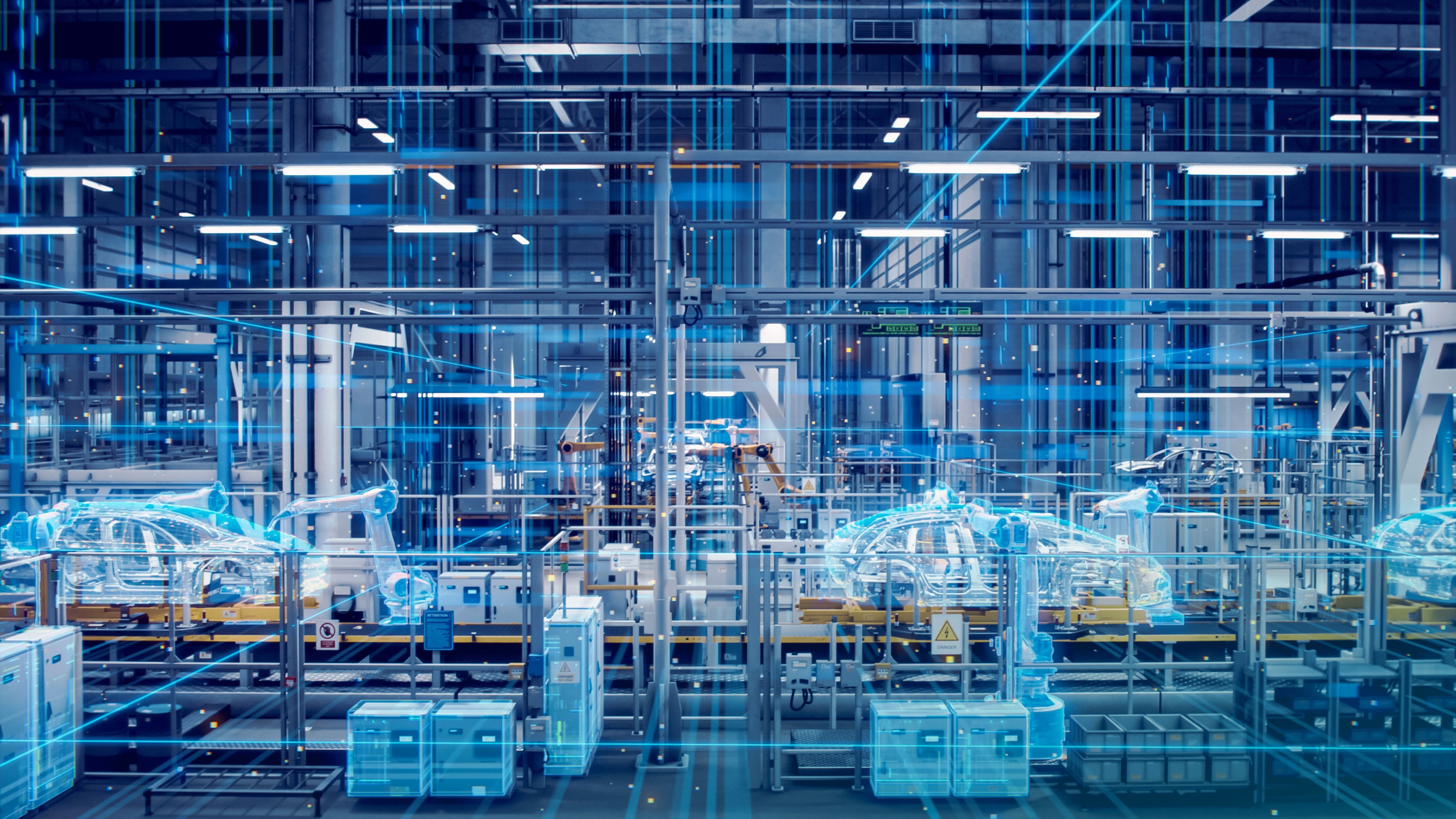 Een moderne industriële werkvloer bedekt met gloeiend blauwe netwerklijnen en digitale datagrafieken