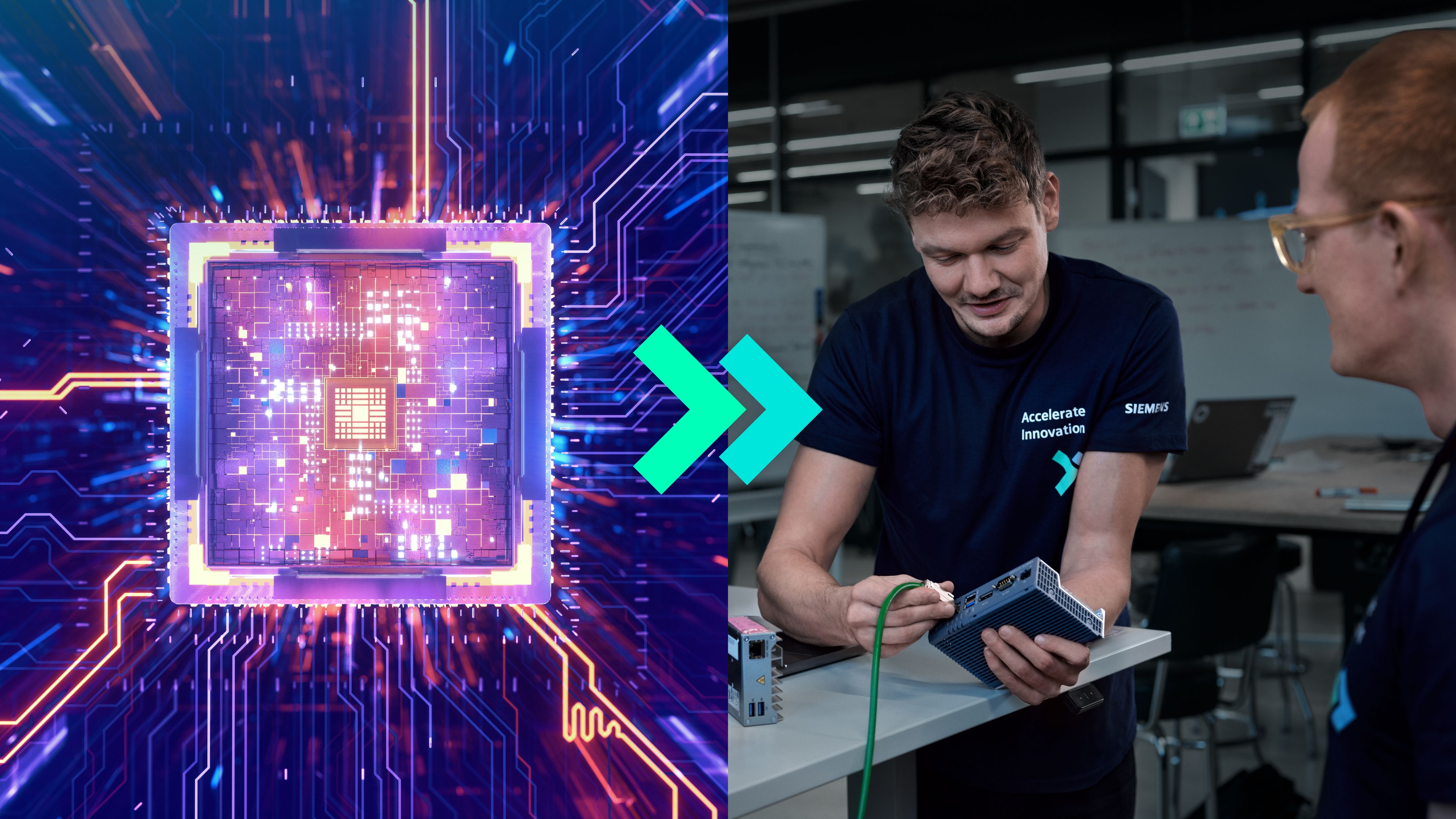 Gesplitste afbeelding van een gloeiende microchipprocessor en twee ingenieurs die kabels aansluiten op hardwareapparaten.