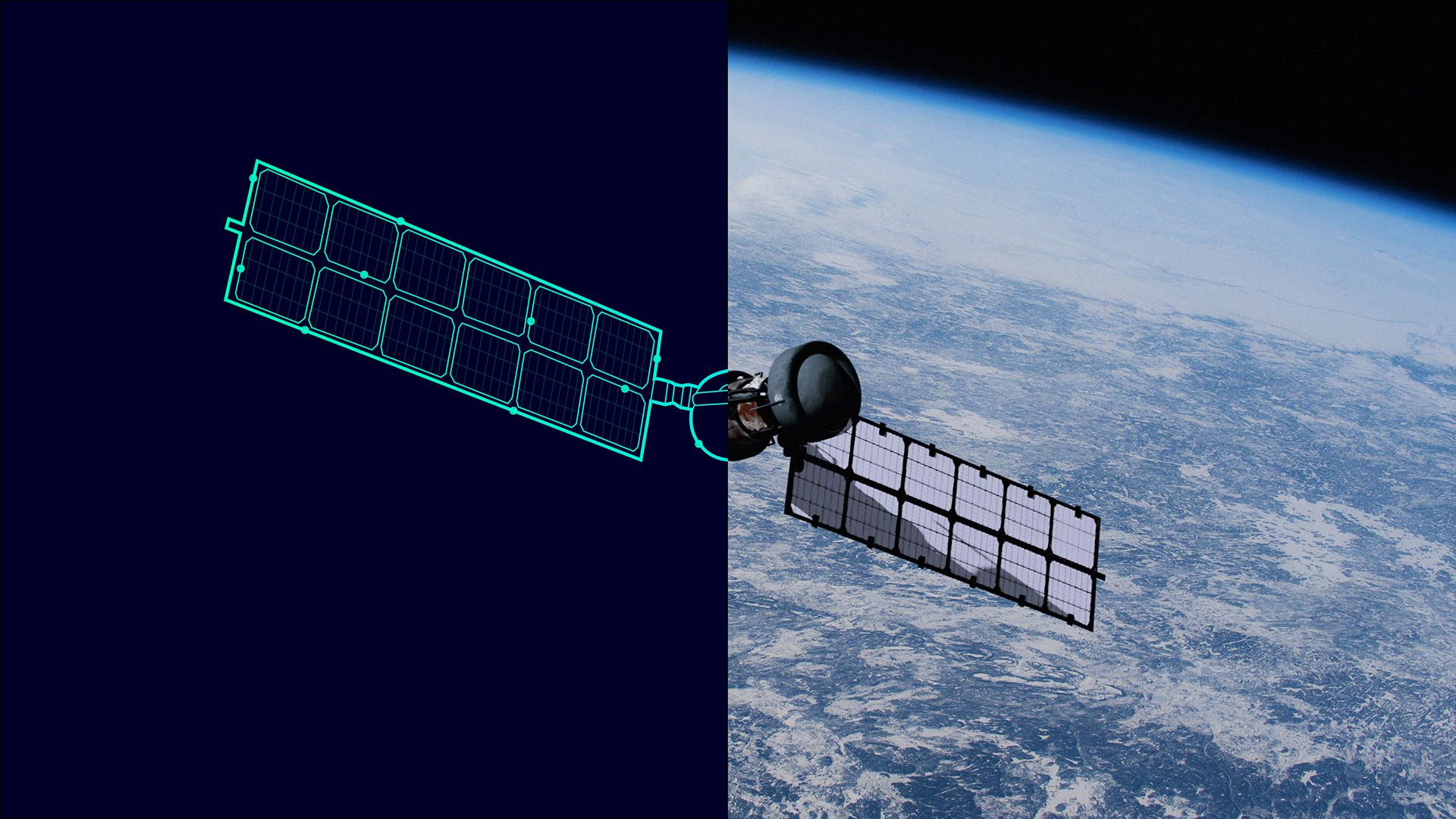 Digital wireframe satellite transitioning to a realistic satellite in orbit above Earth, representing the evolution from design to deployment in space technology.