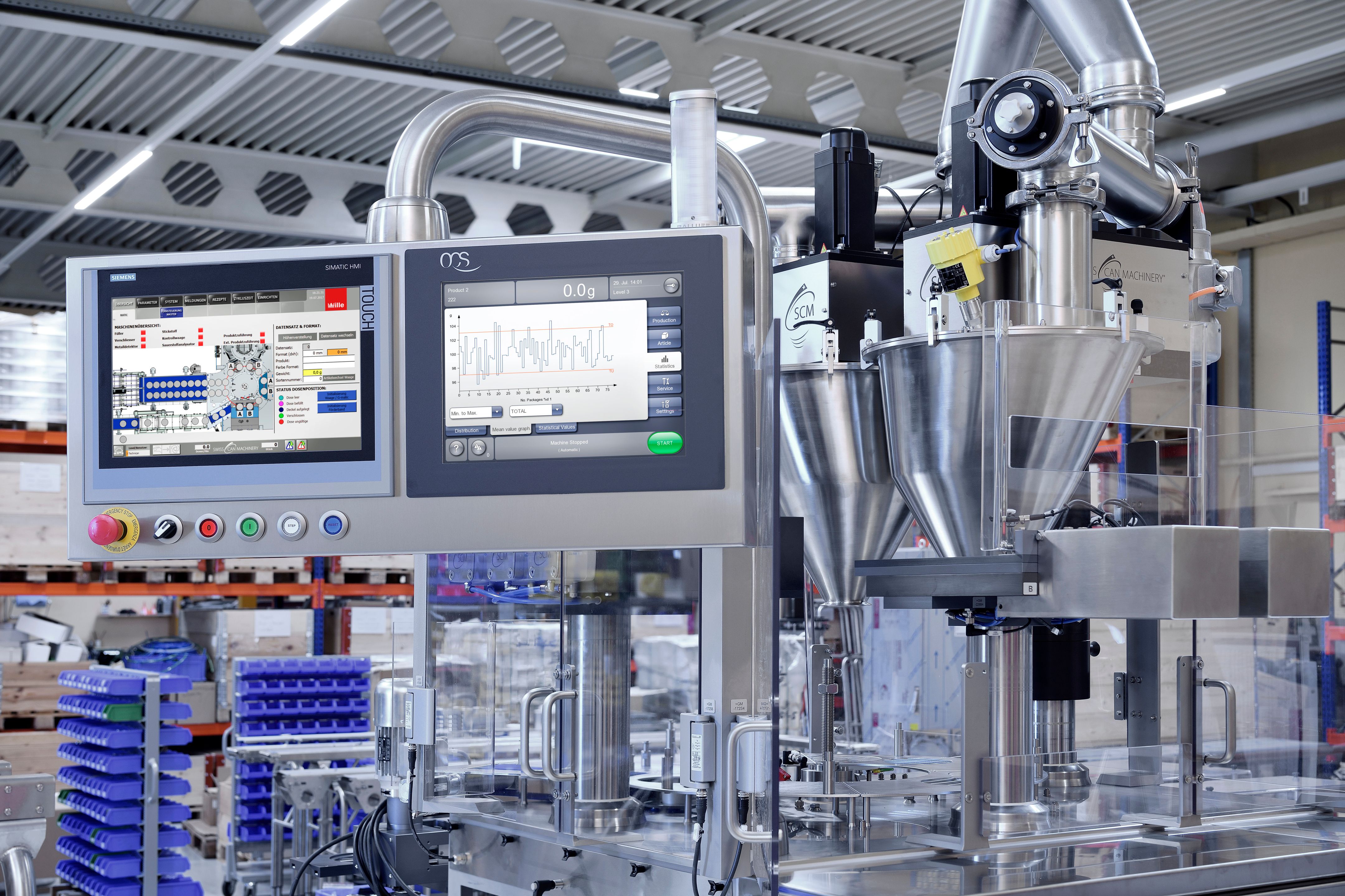 Inside a pharmaceutical manufacturing factory lab with technological equipment and clean room sterilization