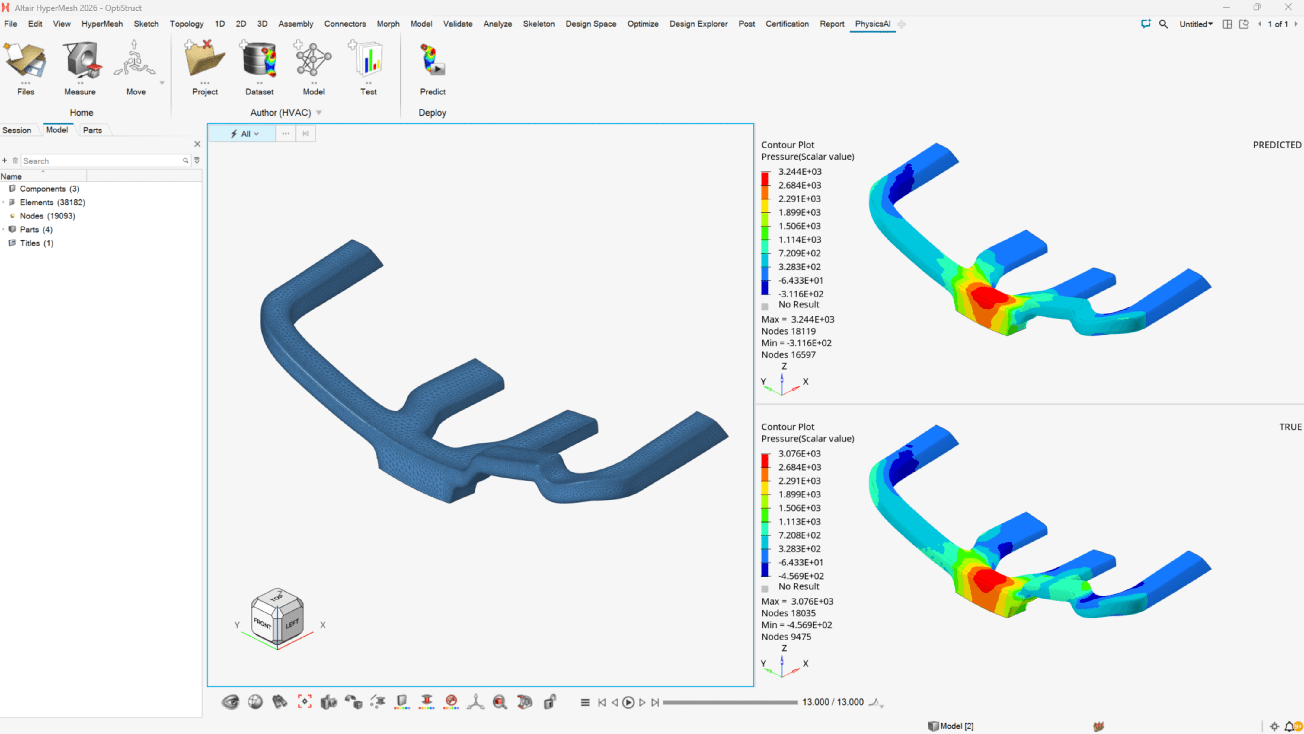 Simcenter PhysicsAI displaying predicted and true pressure contours on an HVAC duct for heavy equipment performance analysis