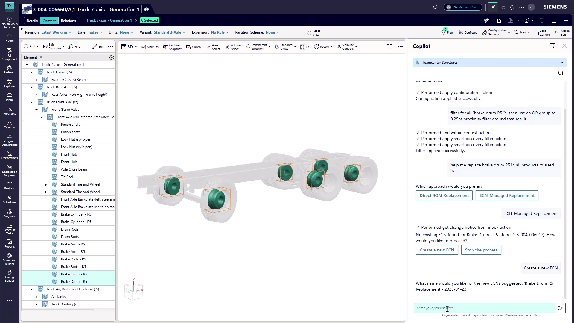 Teamcenter Copilot accelerates BOM analysis, identifies impacted parts, and streamlines engineering changes.