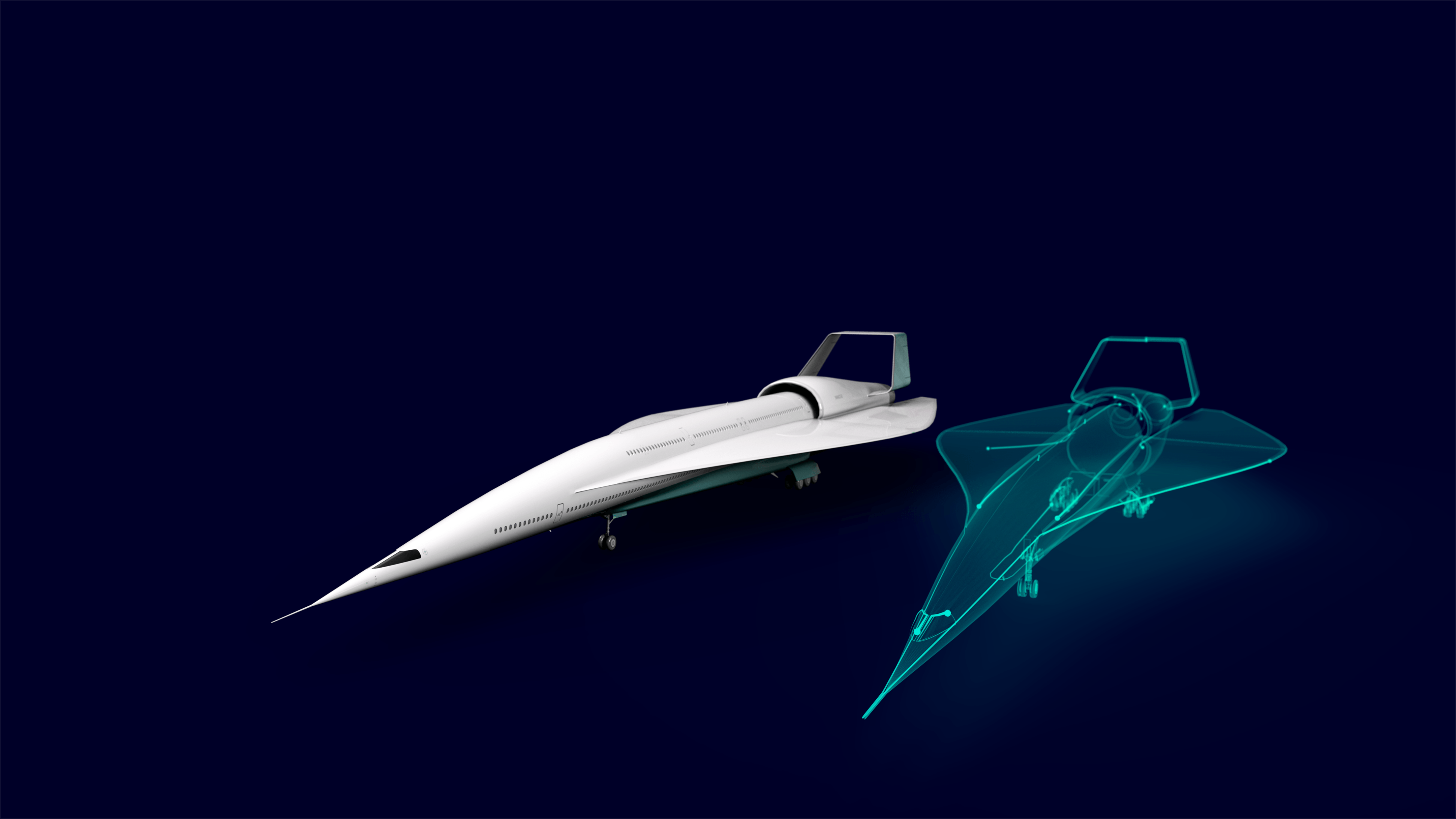 A fighter jet next to its digital twin