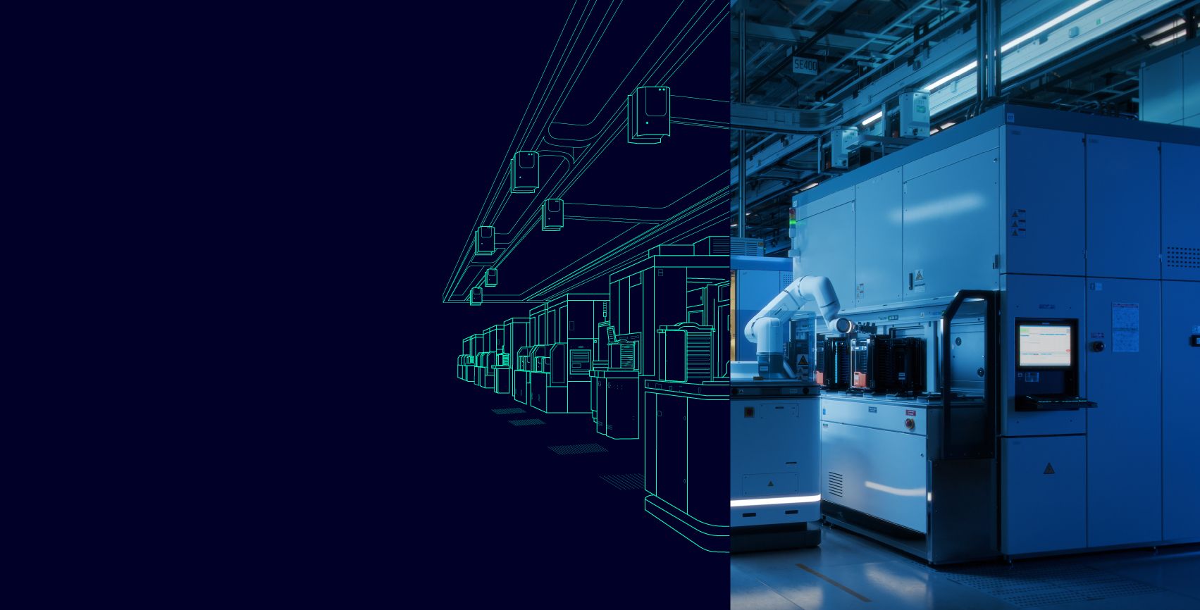 Semiconductor manufacturing equipment beside a blue digital wireframe overlay extending through the production line.