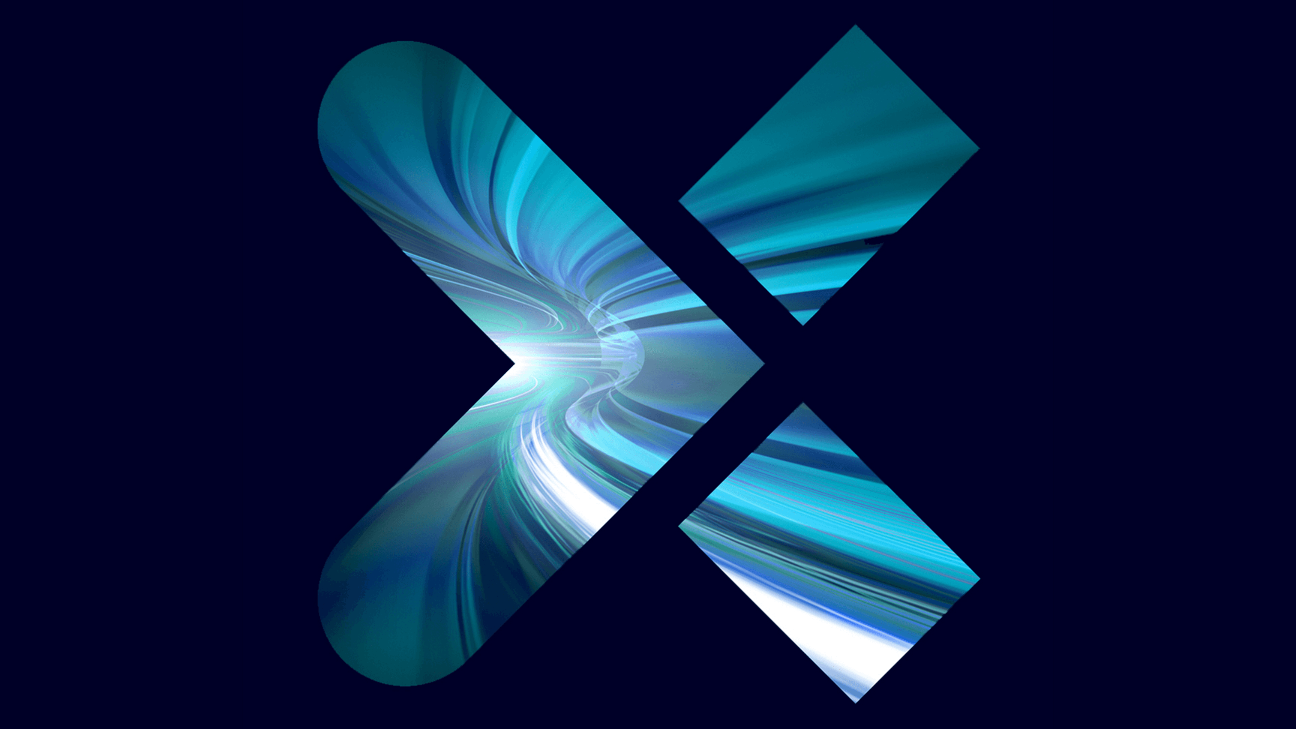 Abstract X-shaped form with teal and blue light streaks swirling on a dark navy background.